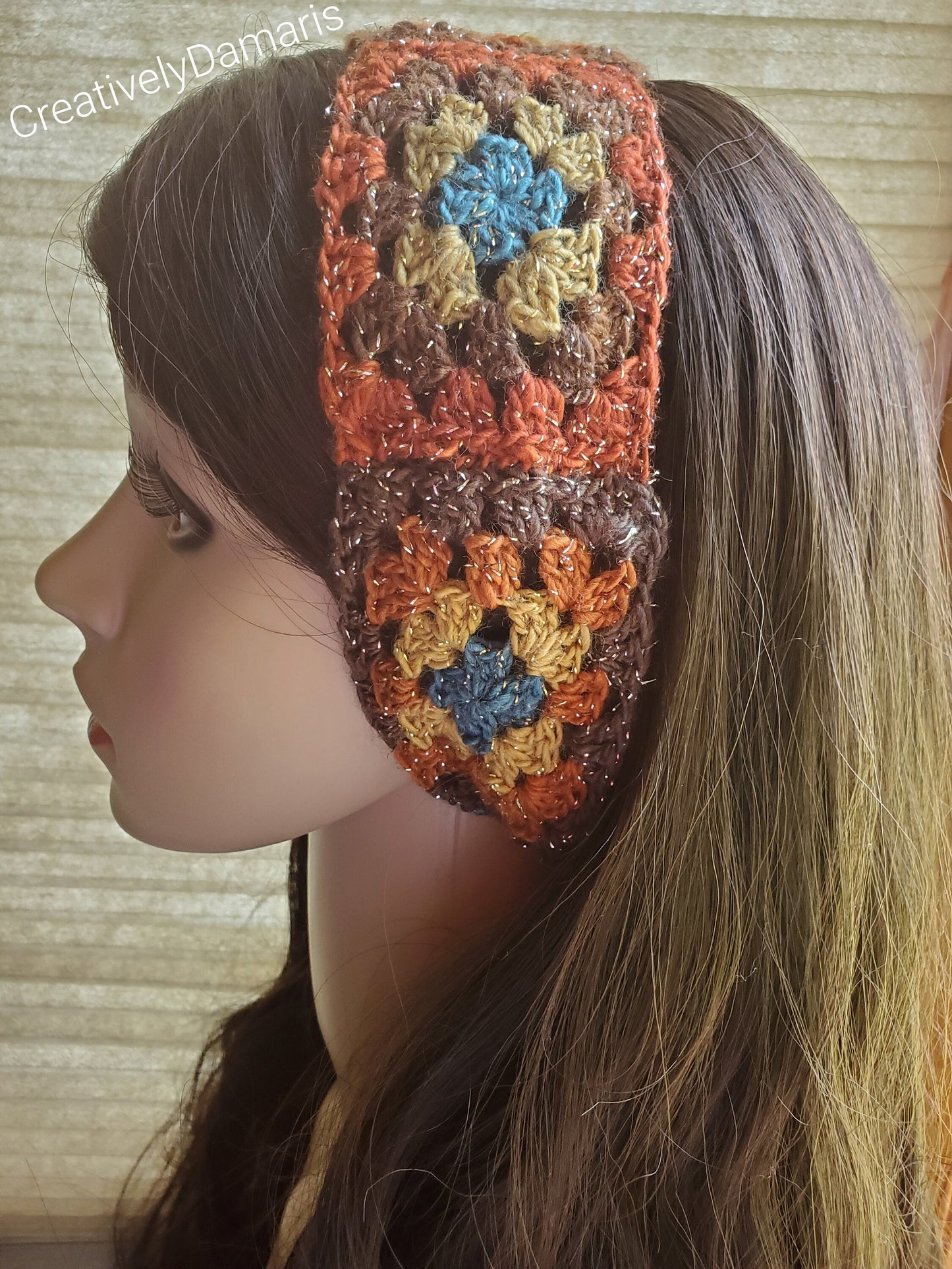Multicolor Glittery Granny Square Crochet Headband in Warm Tones