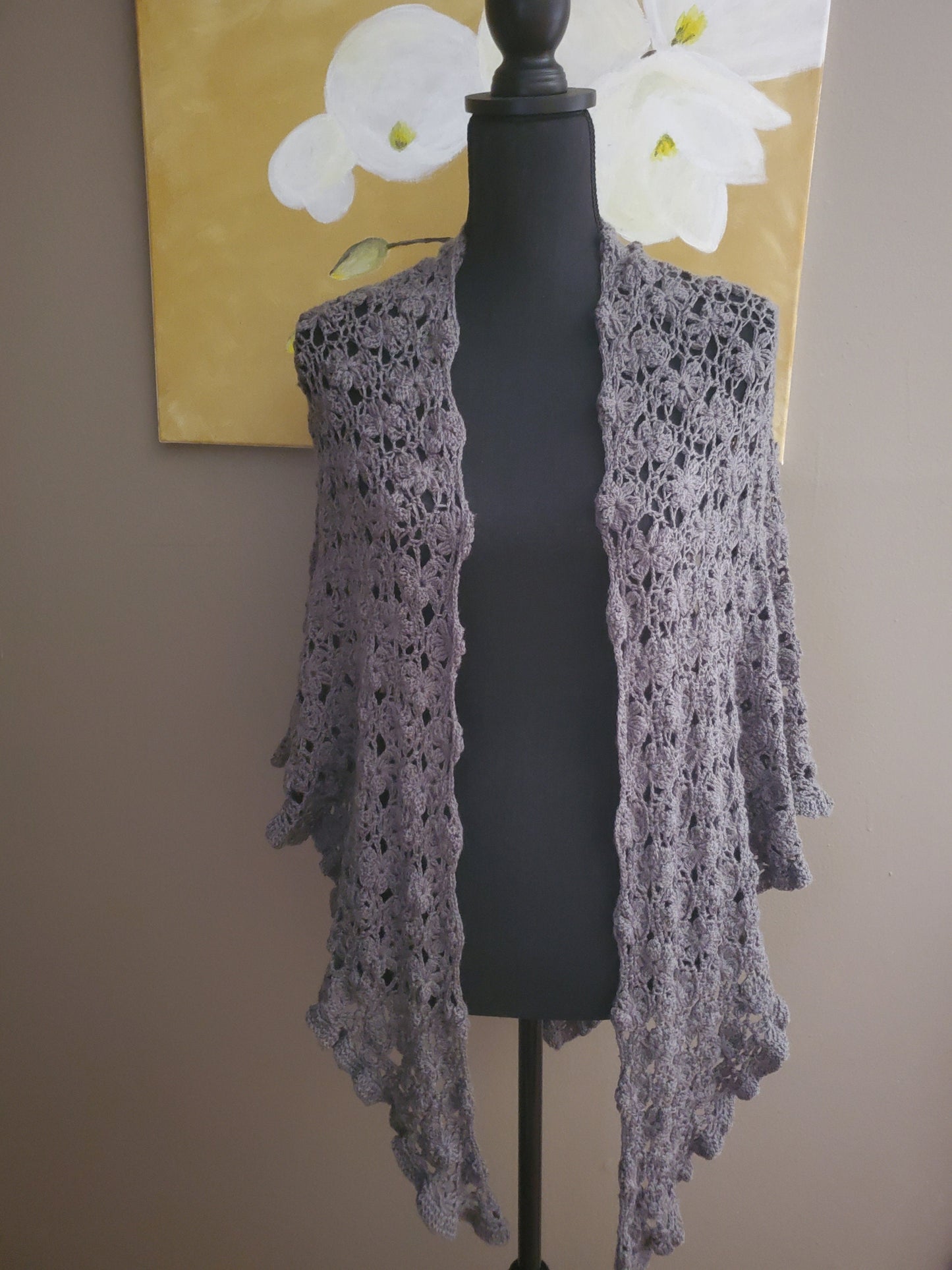 Jasmine Flower Triangular Crochet Shawl in Charcoal