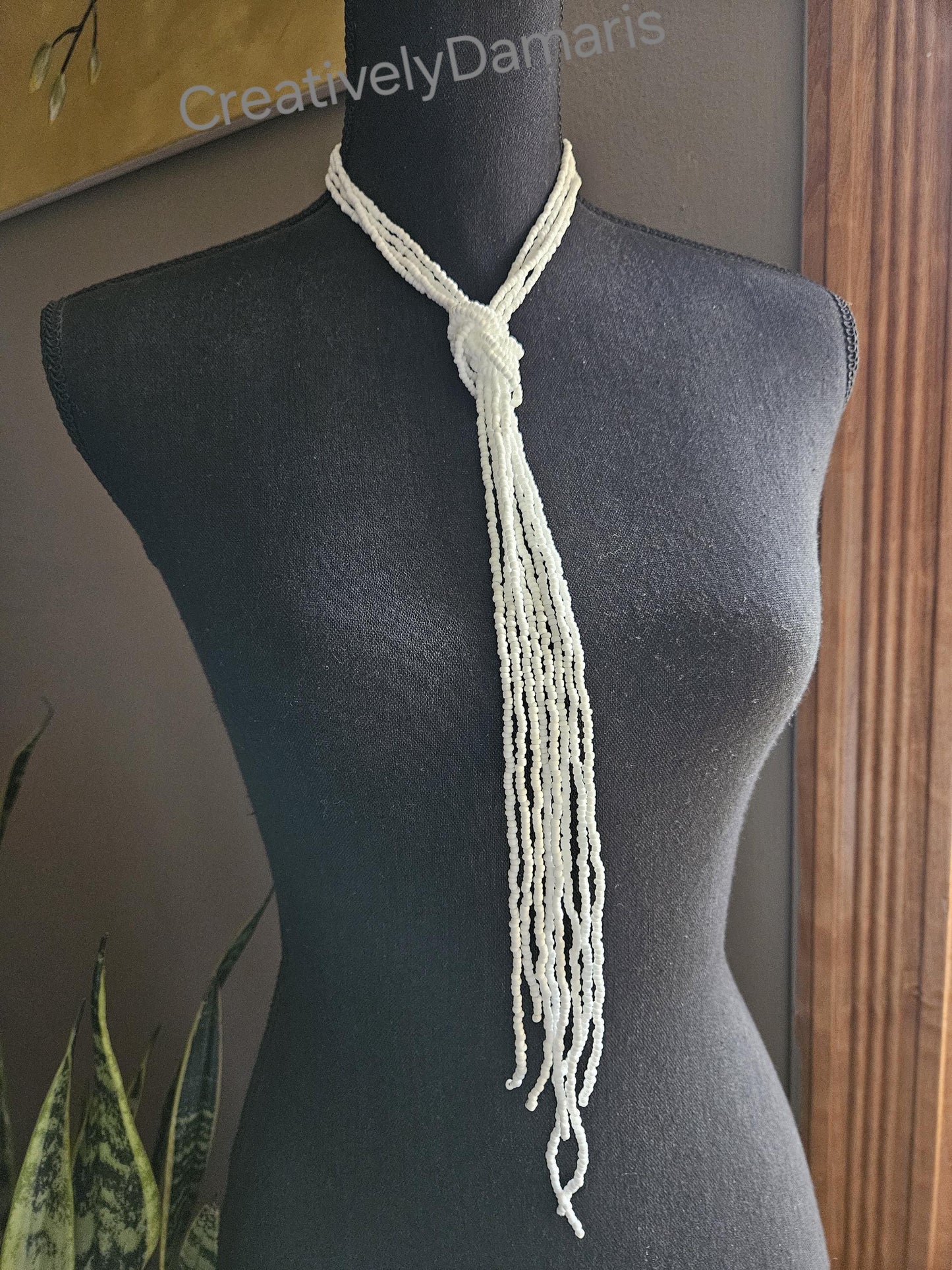 White Matte Seed Beaded Knotted Multi Strand Necklace