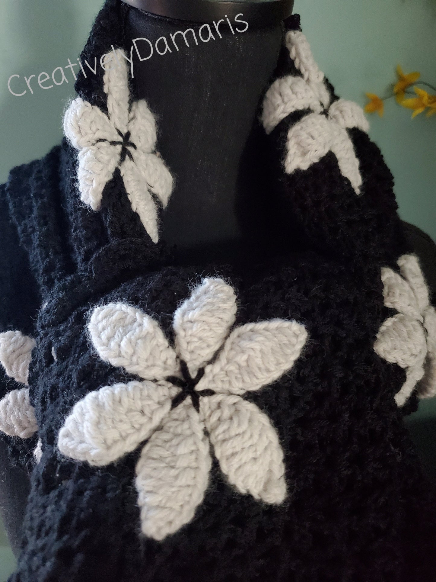 Crochet Shawl Black with Beige Color Flowers