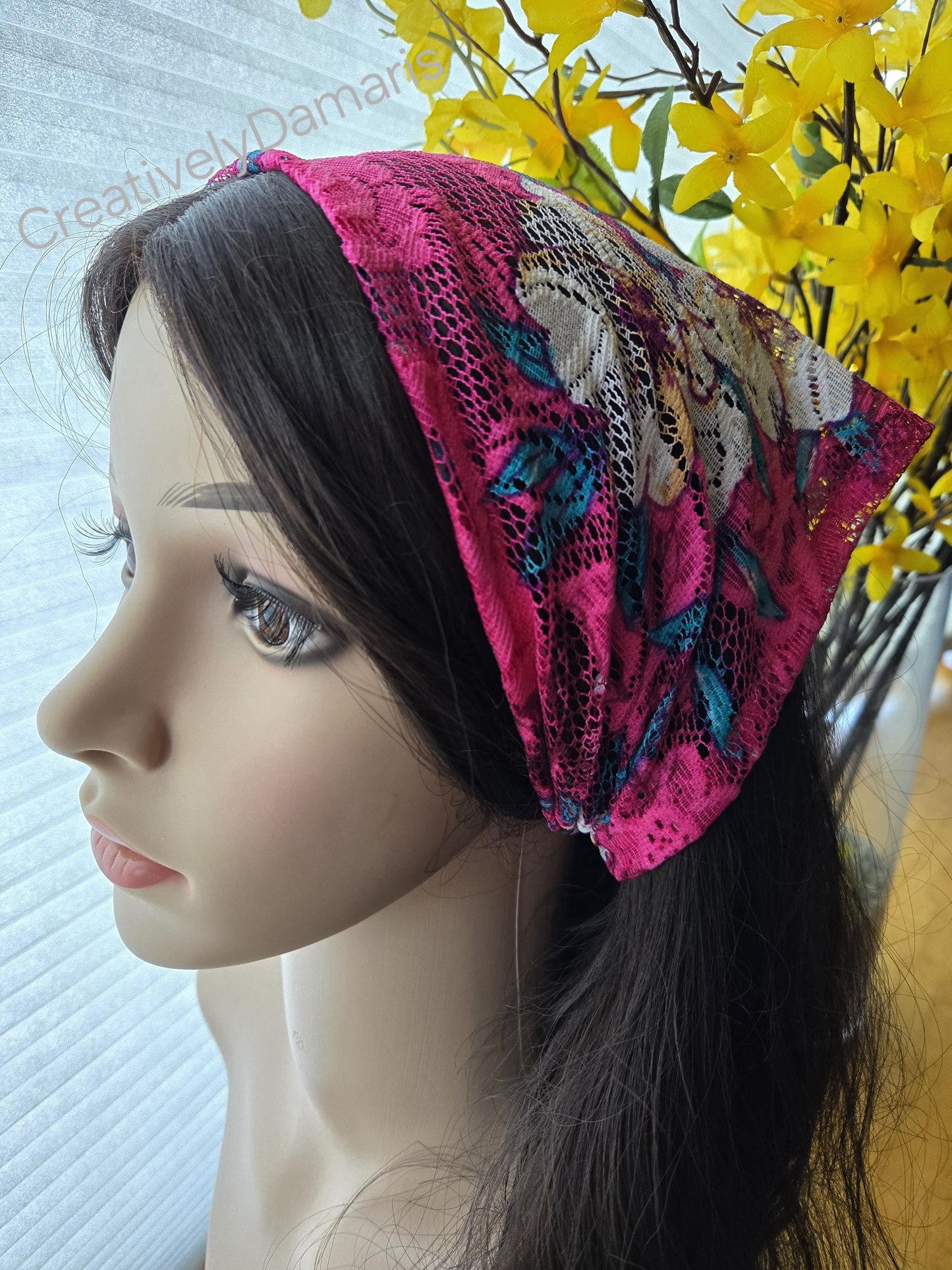 Floral Printed Lace Mesh Head Kerchief
