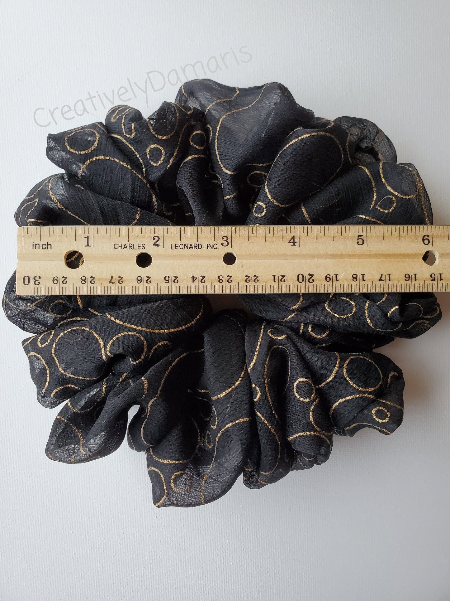 Black with Gold Print Chiffon XL Scrunchie