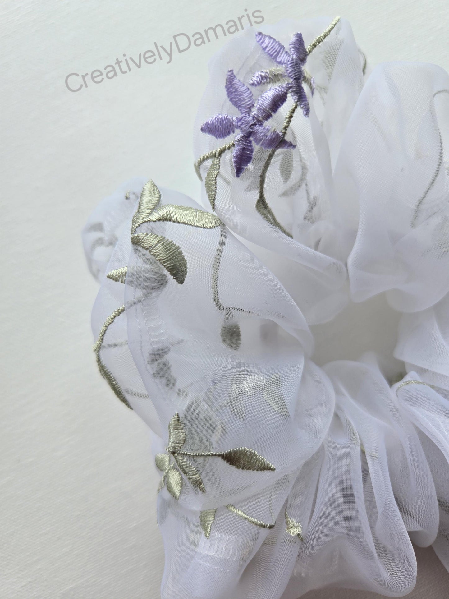 Embroidered Organza Scrunchie with Lilac Floral Print Scrunchie