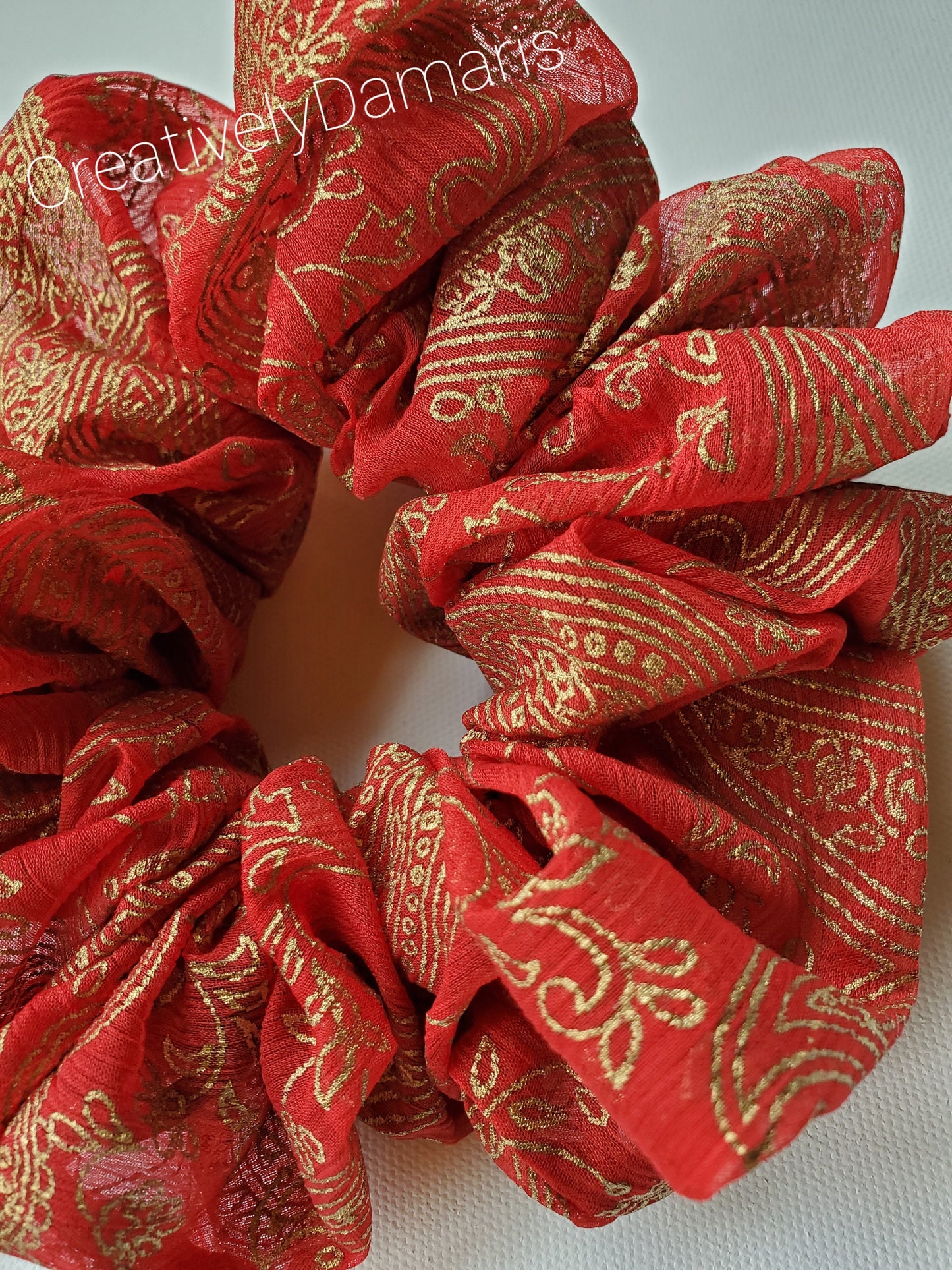 Red with Gold Print Chiffon XL Scrunchie