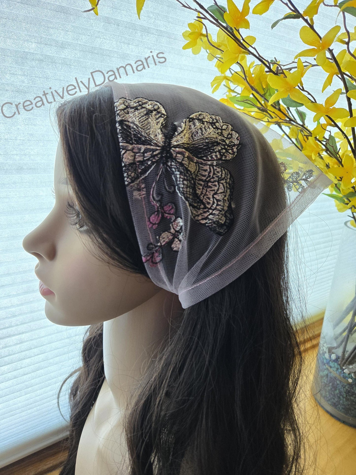 Pink Embroidery Lace Mesh Headband