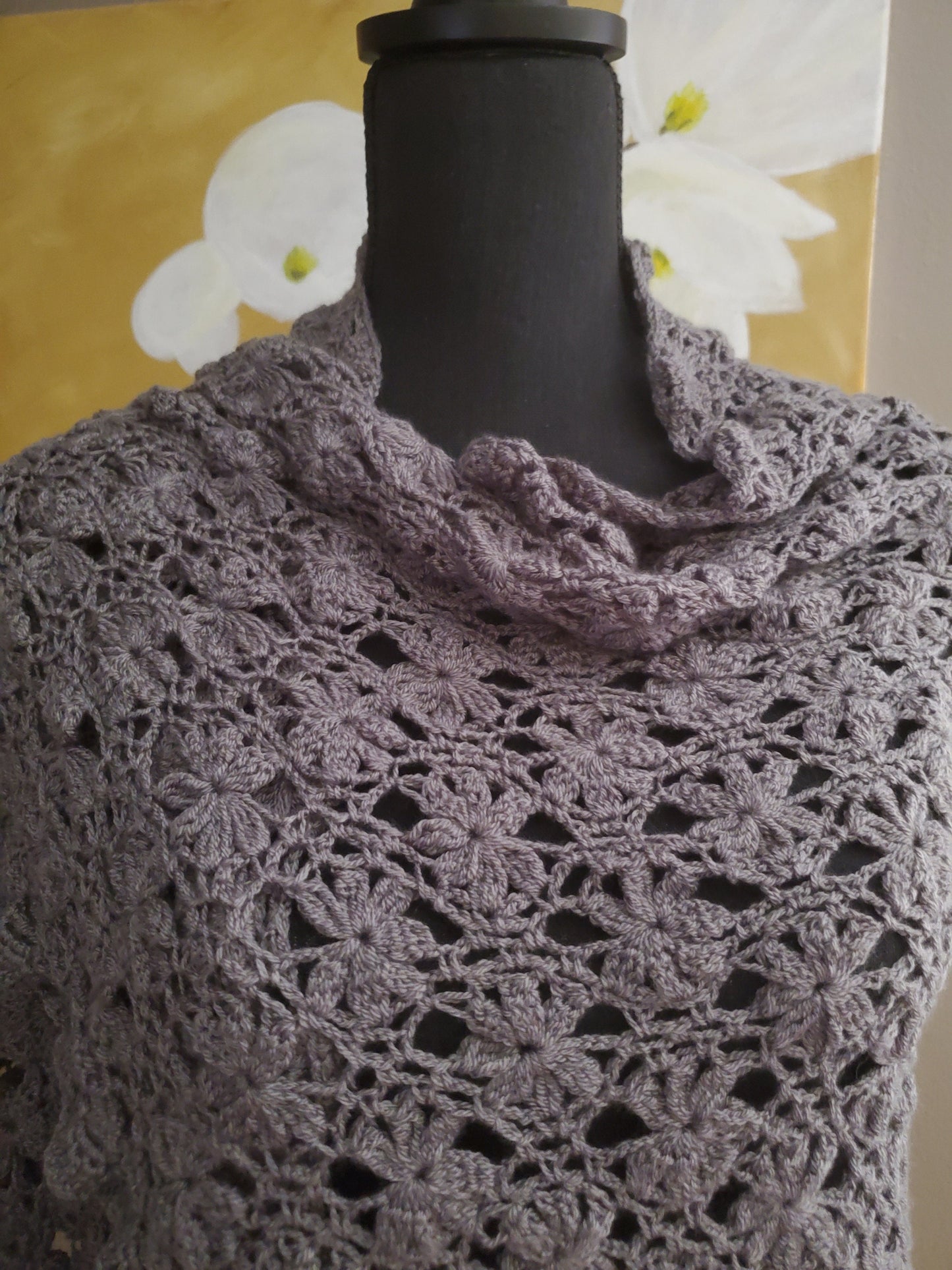 Jasmine Flower Triangular Crochet Shawl in Charcoal
