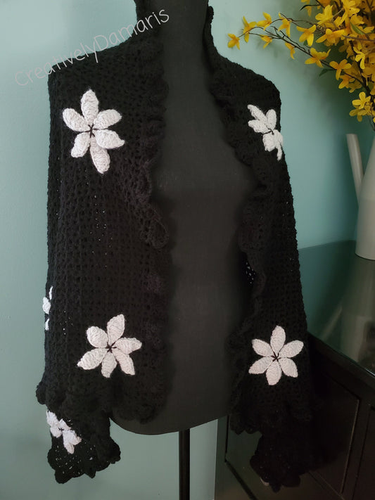 Crochet Shawl Black with Beige Color Flowers
