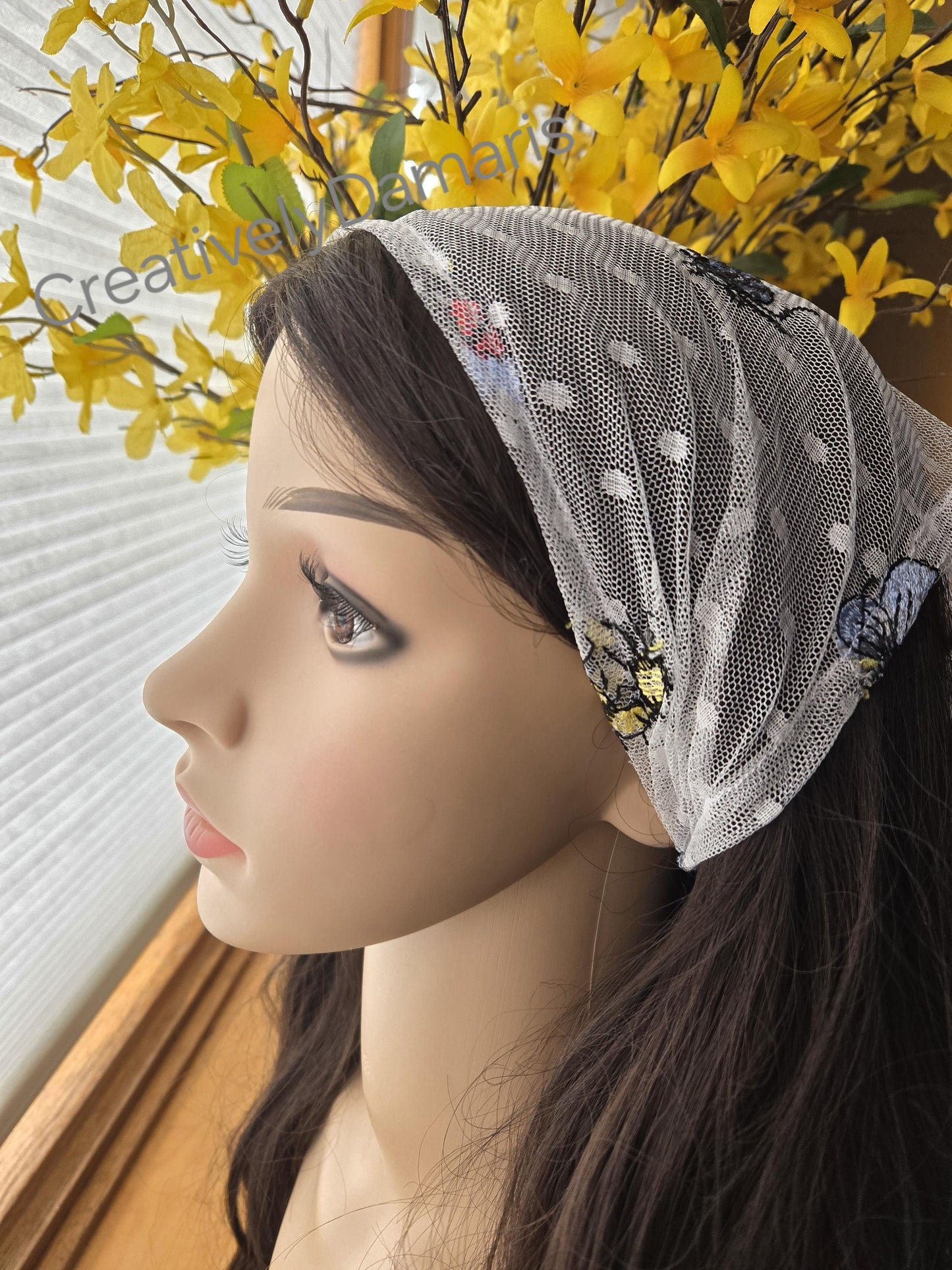 Bee Bug Embroidered White Mesh Lace Headband