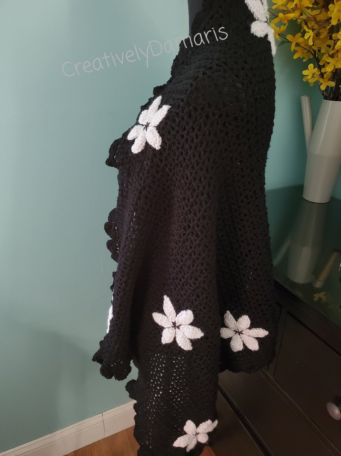 Crochet Shawl Black with Beige Color Flowers