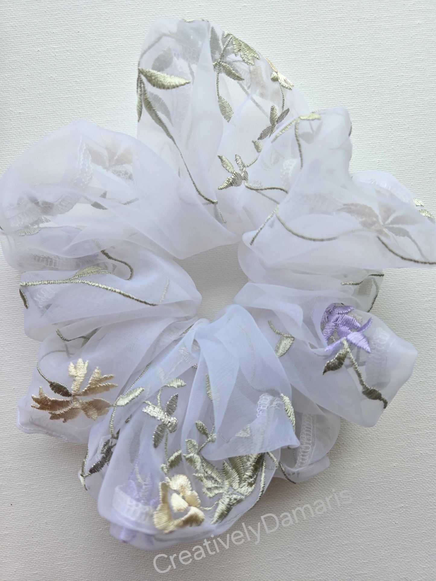 Embroidered Organza Scrunchie with Lilac Floral Print Scrunchie