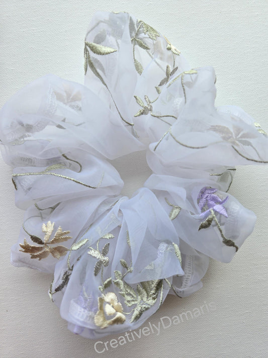Embroidered Organza Scrunchie with Lilac Floral Print Scrunchie