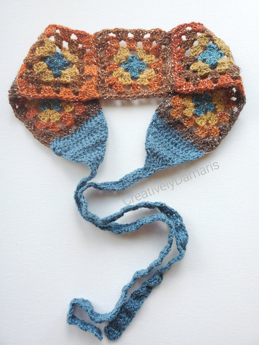 Multicolor Glittery Granny Square Crochet Headband in Warm Tones