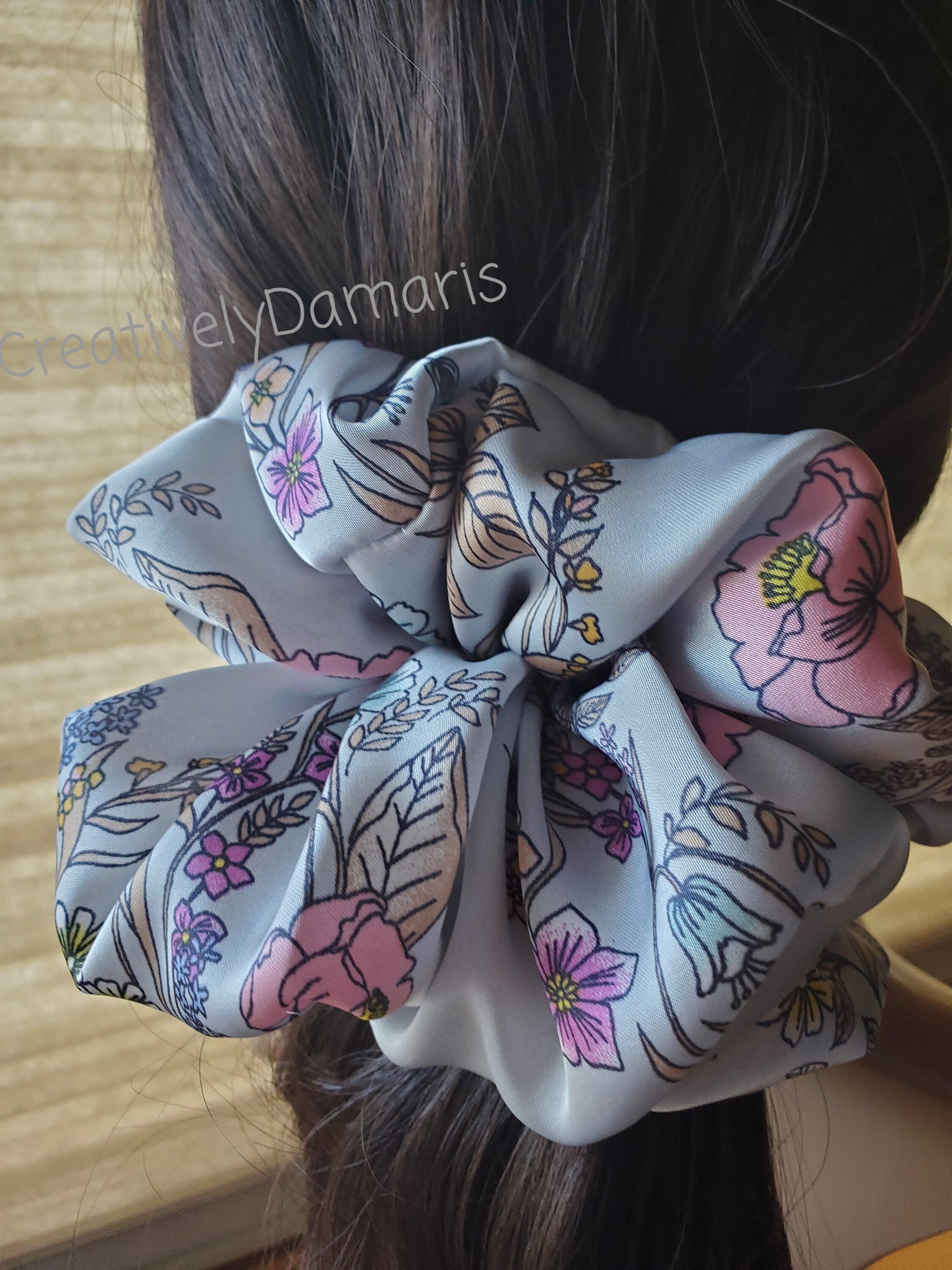 Pink Floral on Light Silver Scrunchie XL Scrunchie