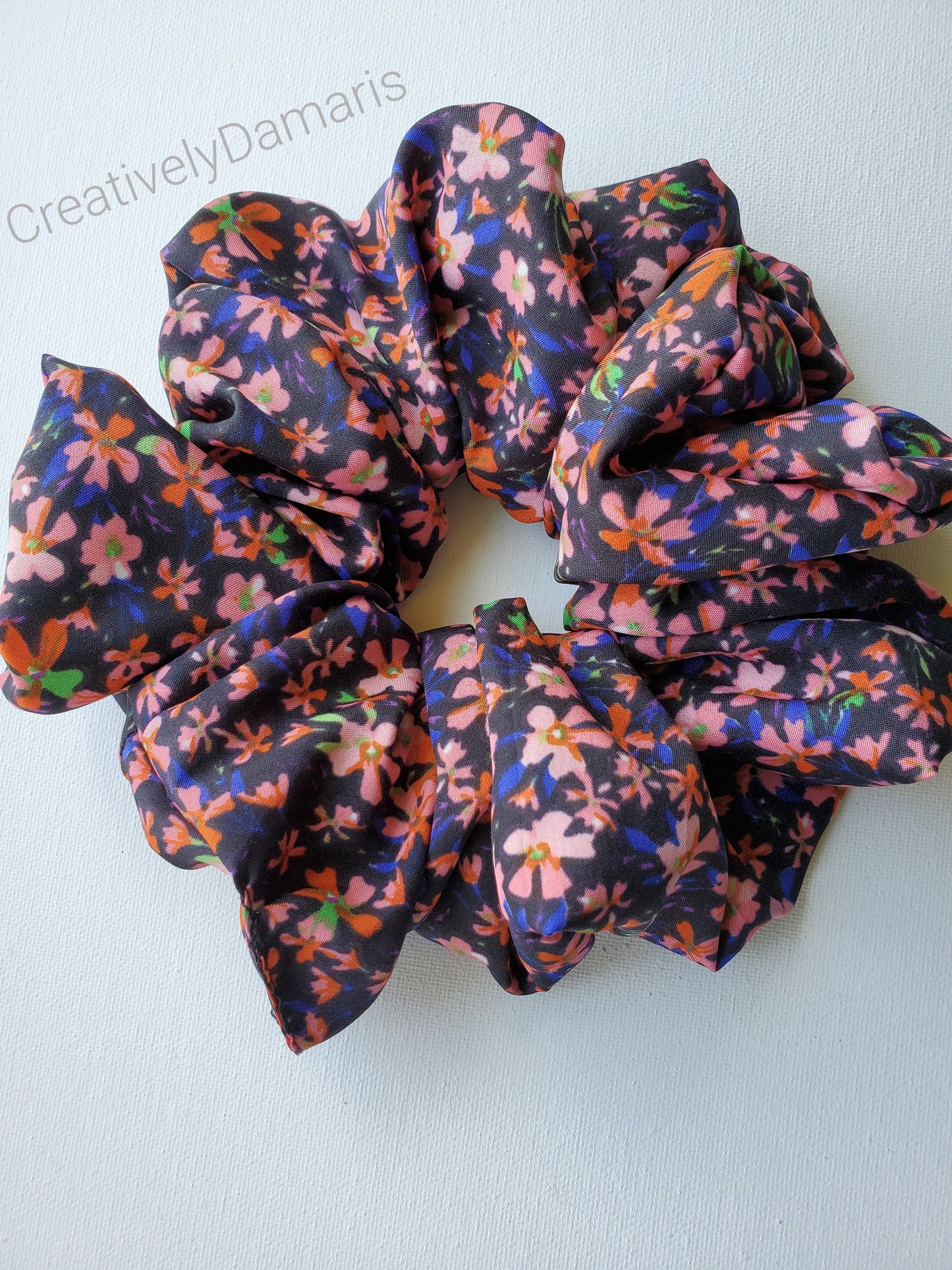 Black with Peach Floral XL Scrunchie in Peach Floral