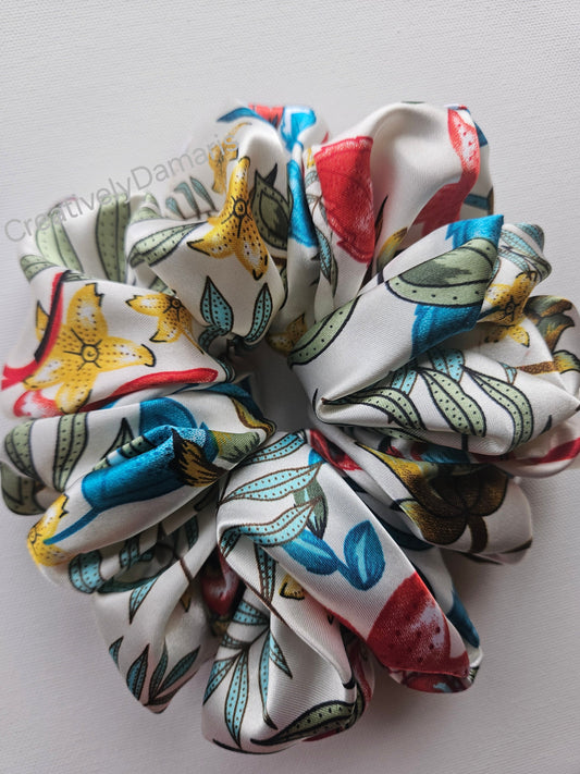 Silky White Charmeuse XL Scrunchie Floral Print