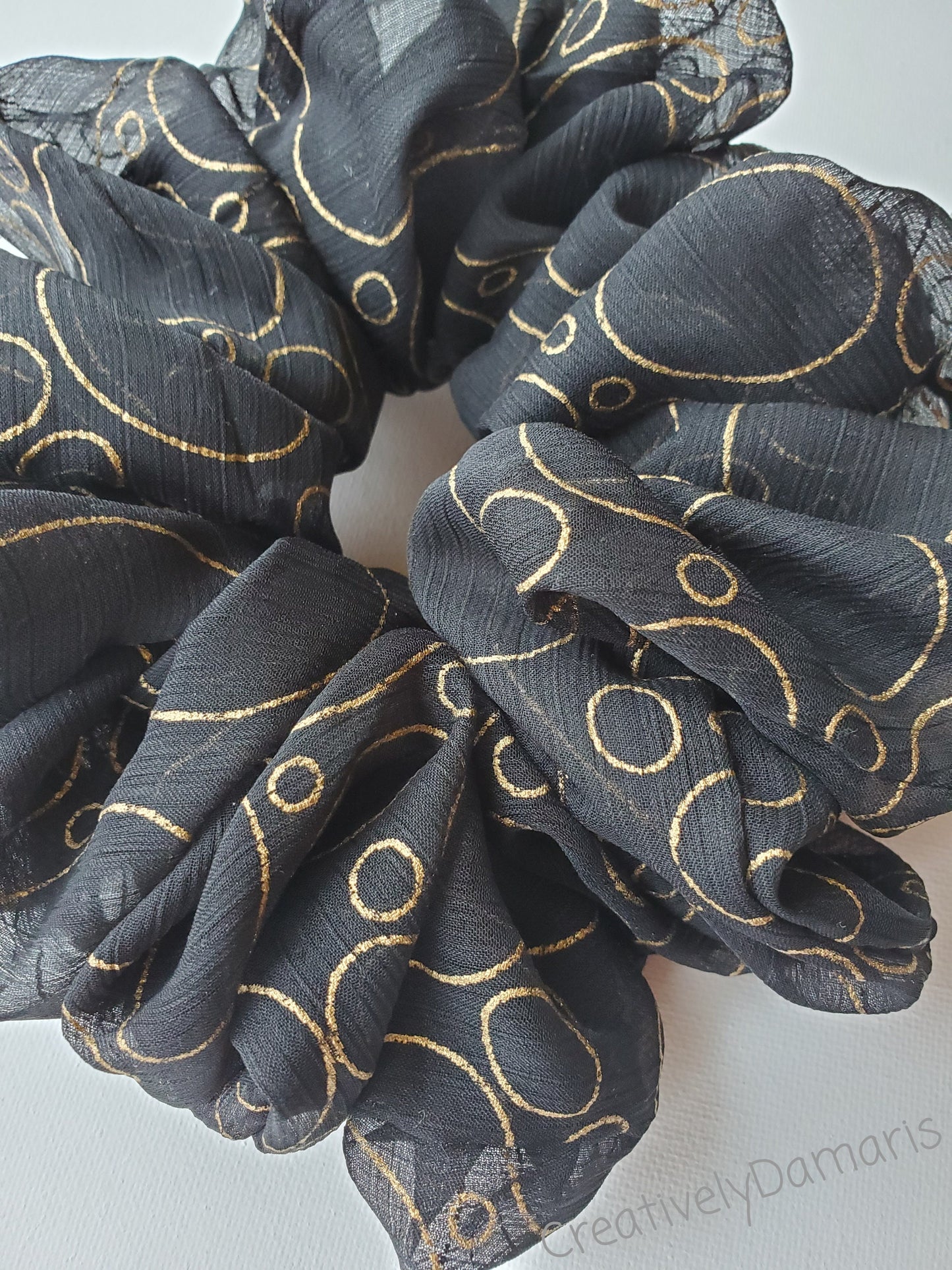 Black with Gold Print Chiffon XL Scrunchie
