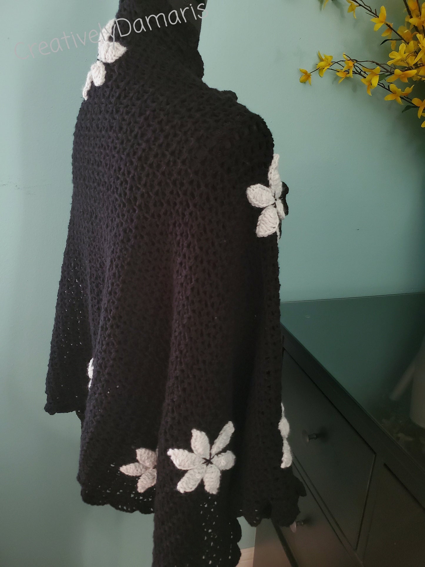 Crochet Shawl Black with Beige Color Flowers