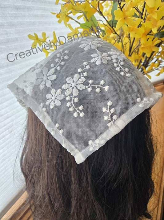 Floral Embroidery Lace Head Kerchief in White