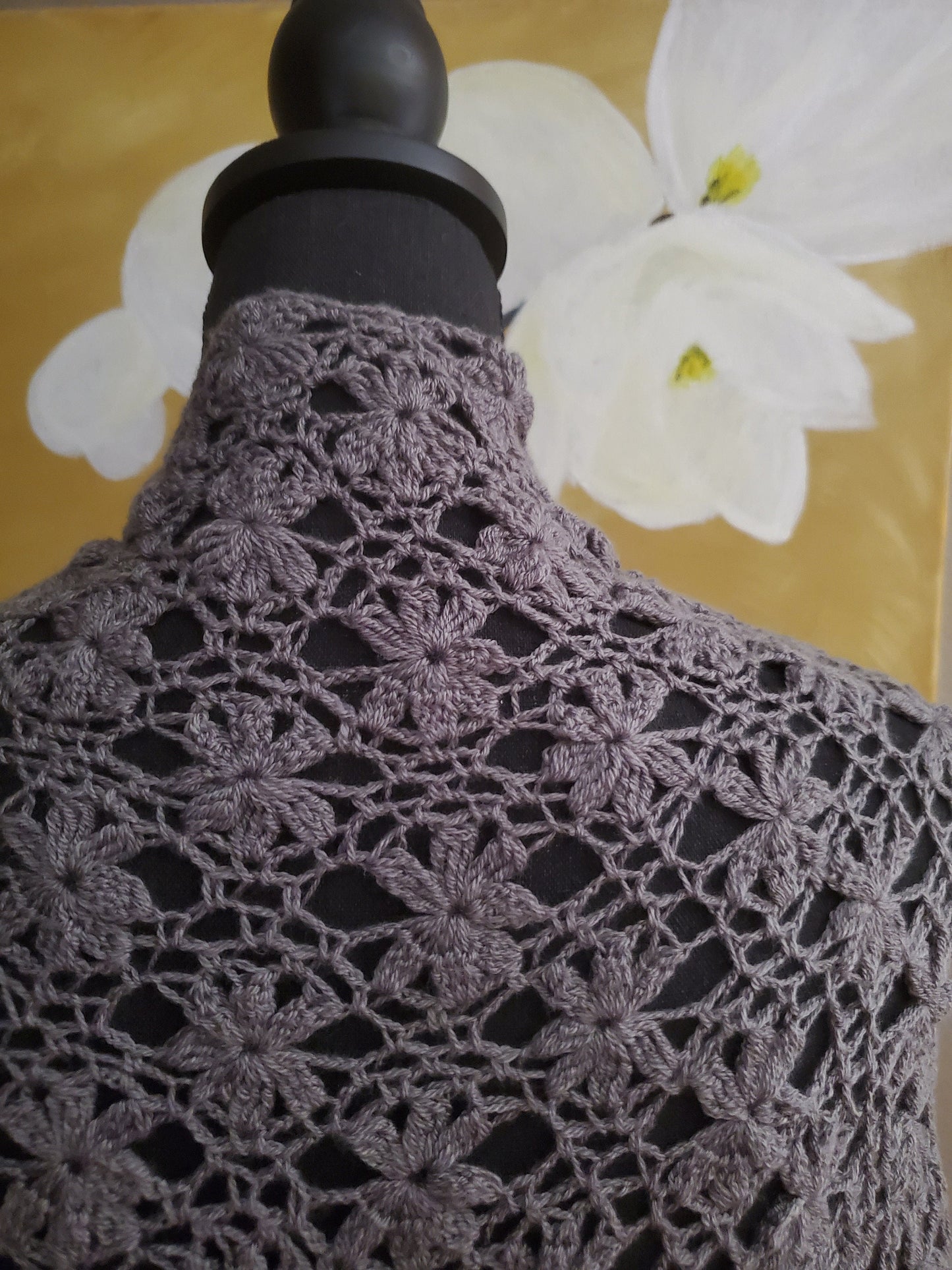 Jasmine Flower Triangular Crochet Shawl in Charcoal