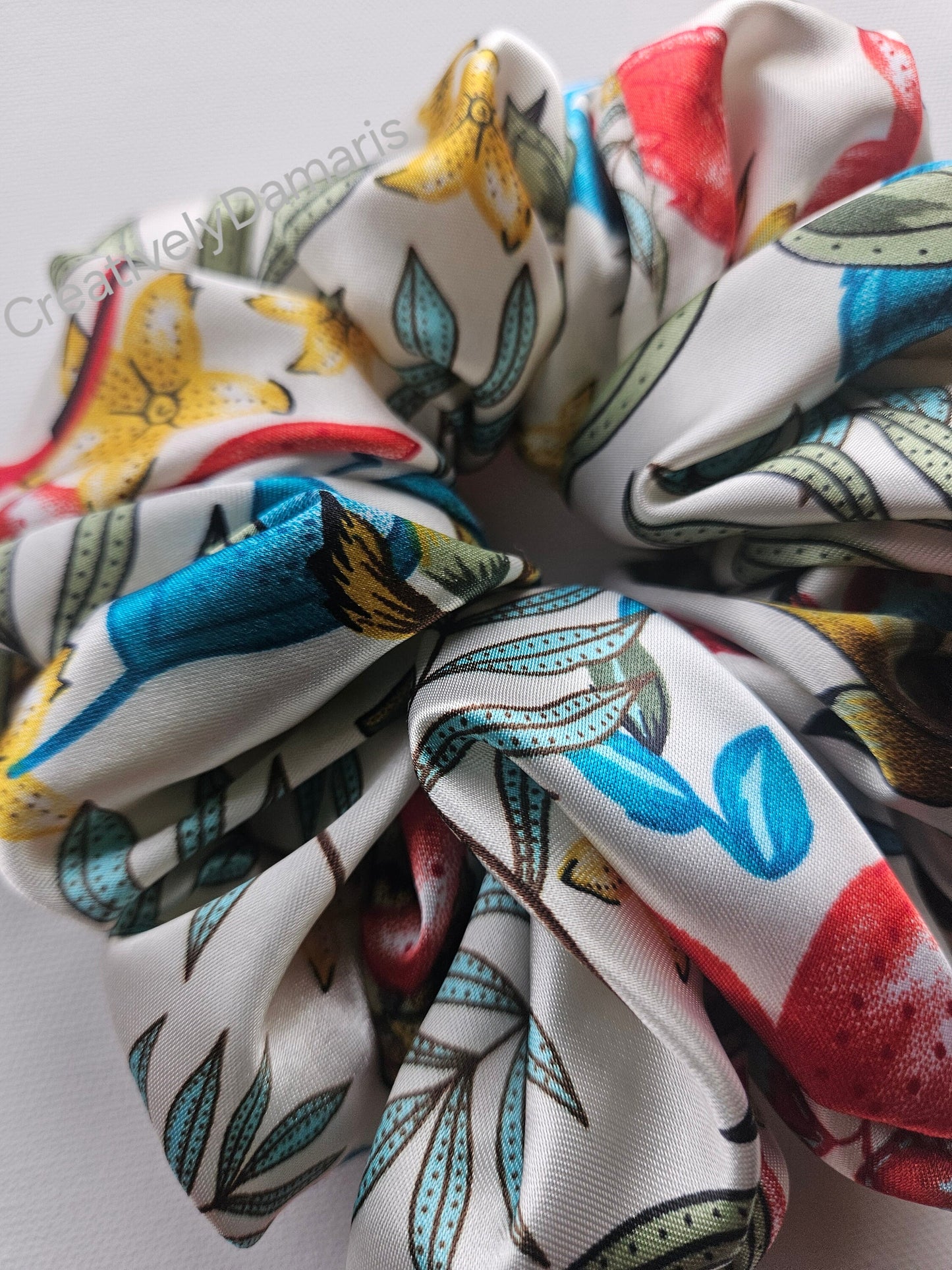 Silky White Charmeuse XL Scrunchie Floral Print