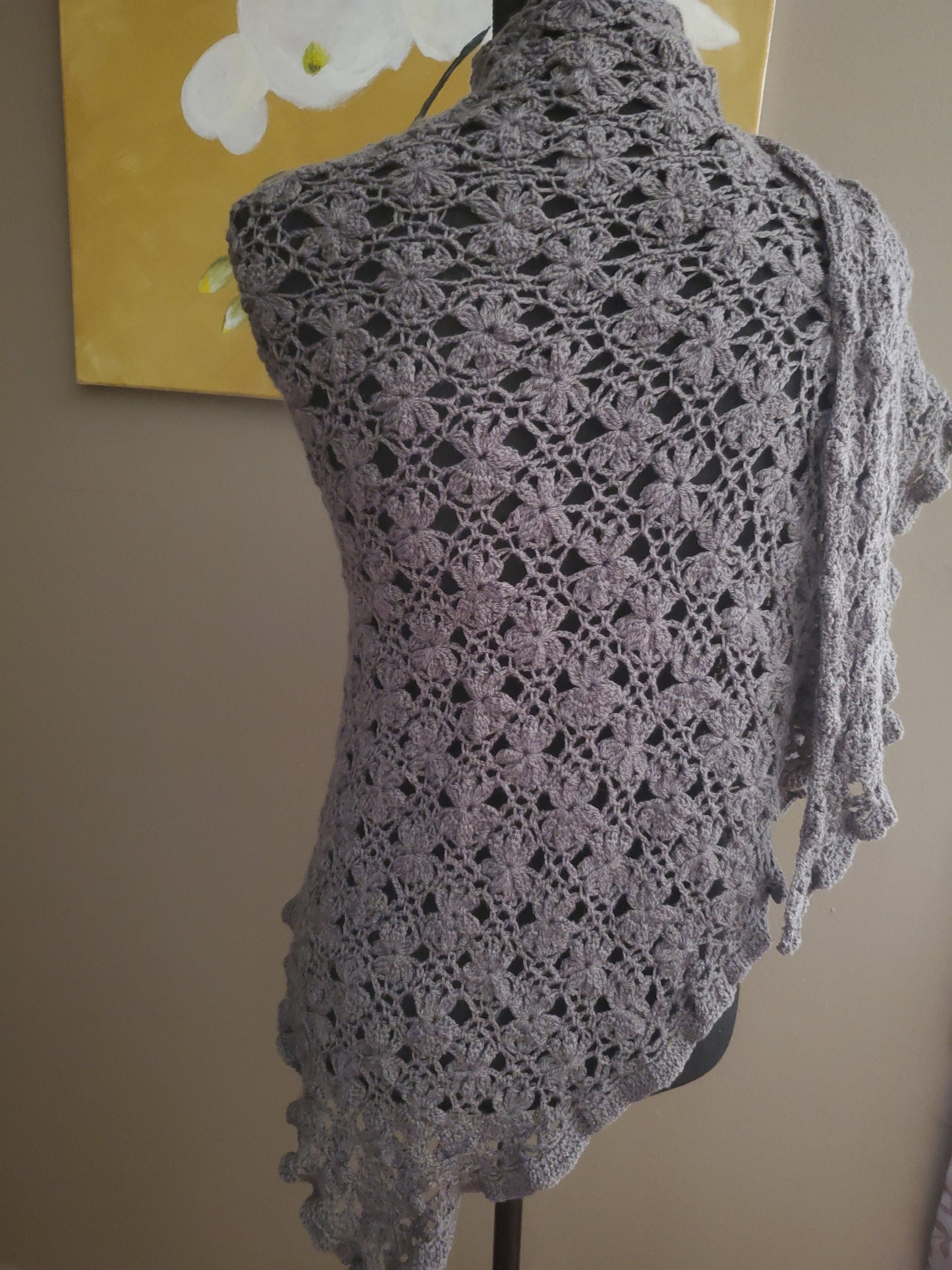 Jasmine Flower Triangular Crochet Shawl in Charcoal