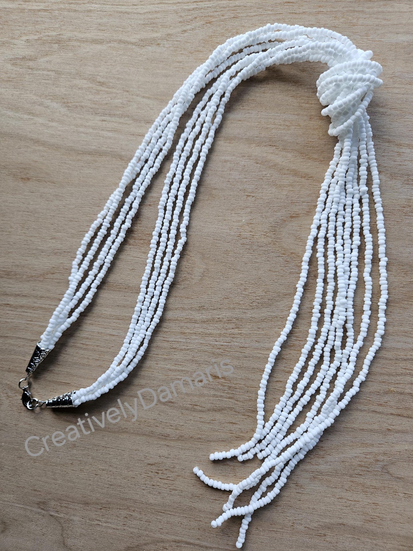 White Matte Seed Beaded Knotted Multi Strand Necklace