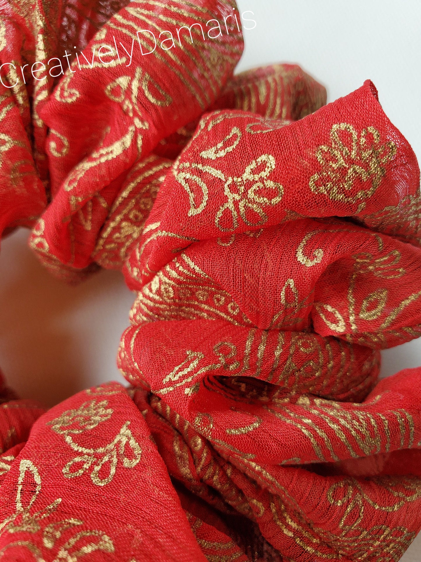 Red with Gold Print Chiffon XL Scrunchie