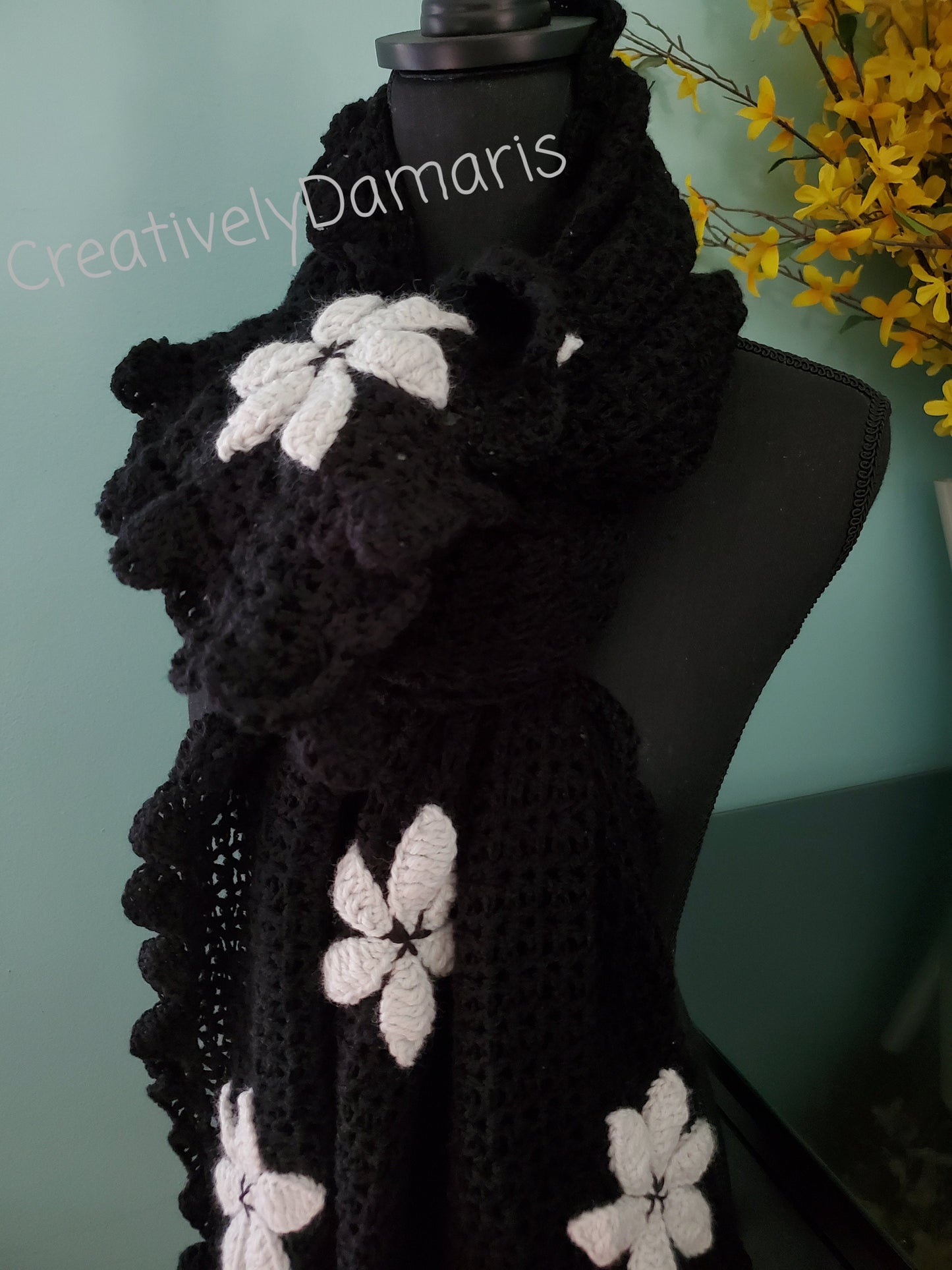 Crochet Shawl Black with Beige Color Flowers