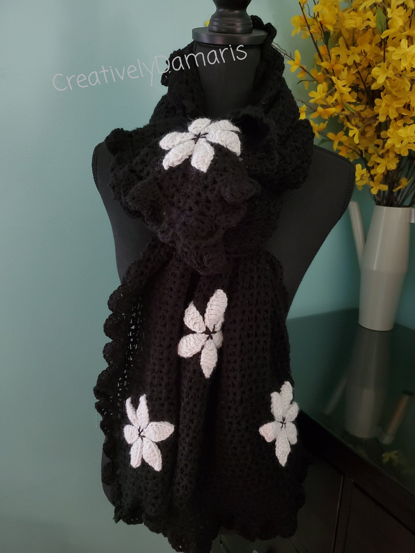 Crochet Shawl Black with Beige Color Flowers