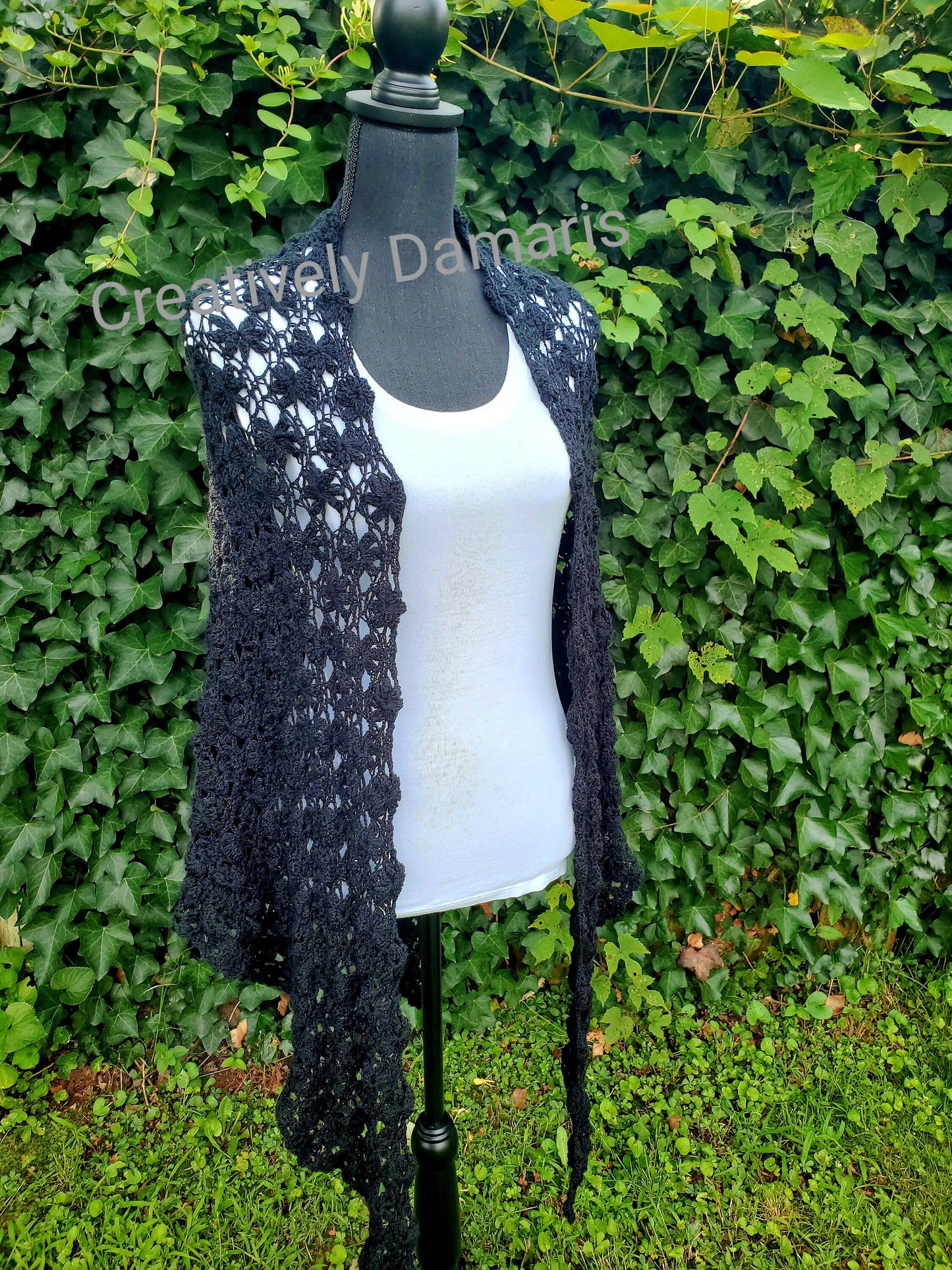 Jasmine Flower Triangular Crochet Shawl in Black