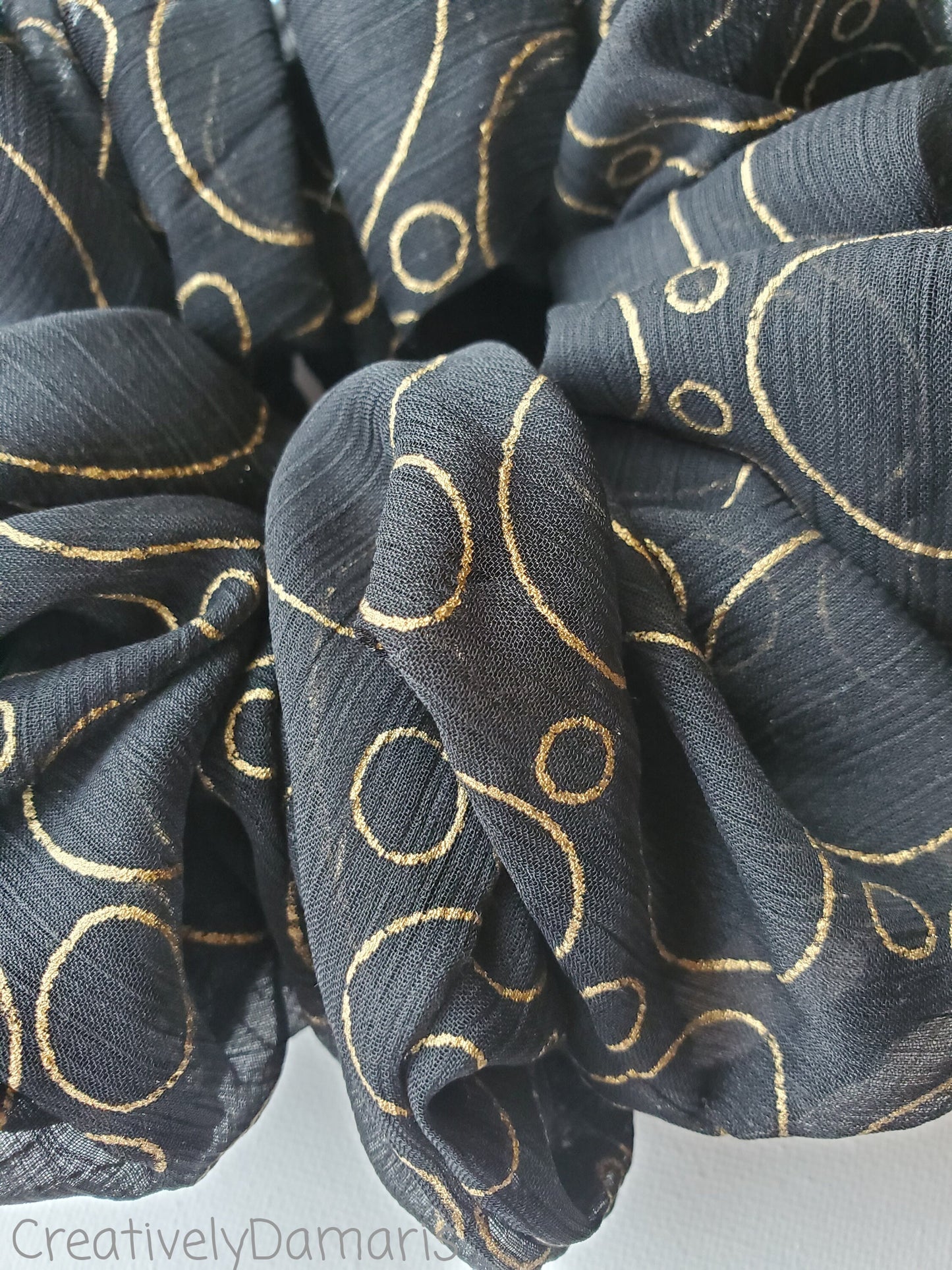 Black with Gold Print Chiffon XL Scrunchie