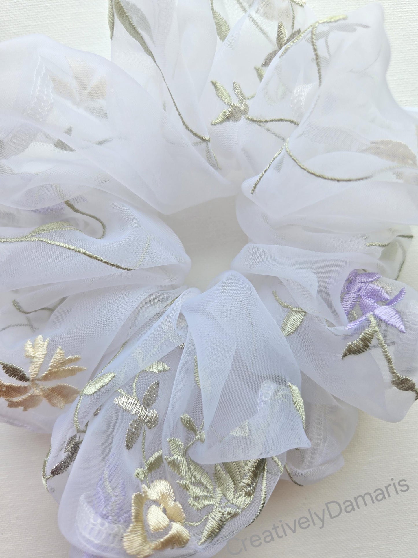 Embroidered Organza Scrunchie with Lilac Floral Print Scrunchie