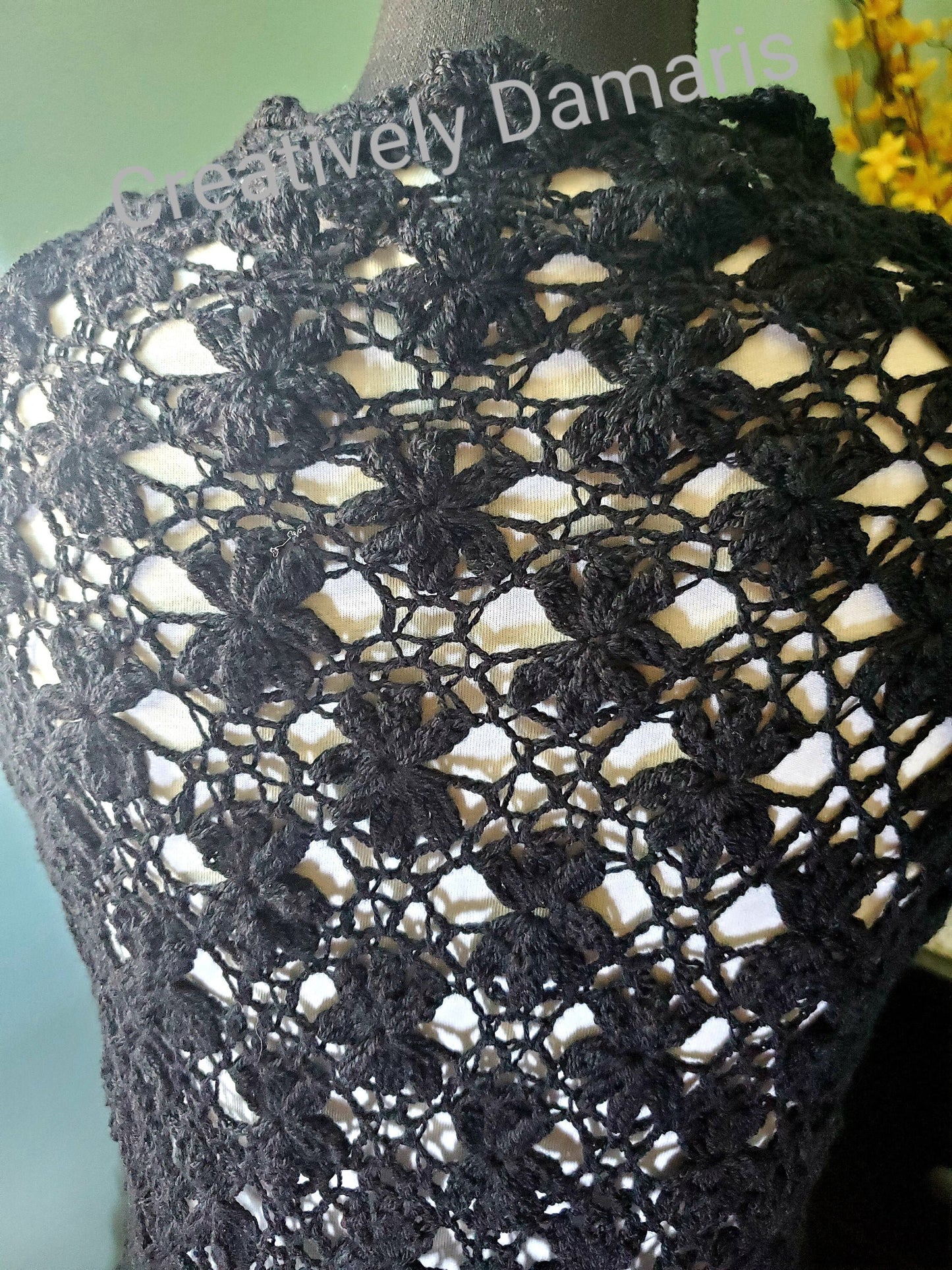 Jasmine Flower Triangular Crochet Shawl in Black