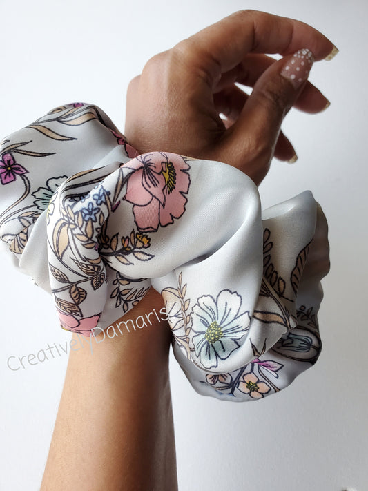 Pink Floral on Light Silver Scrunchie XL Scrunchie