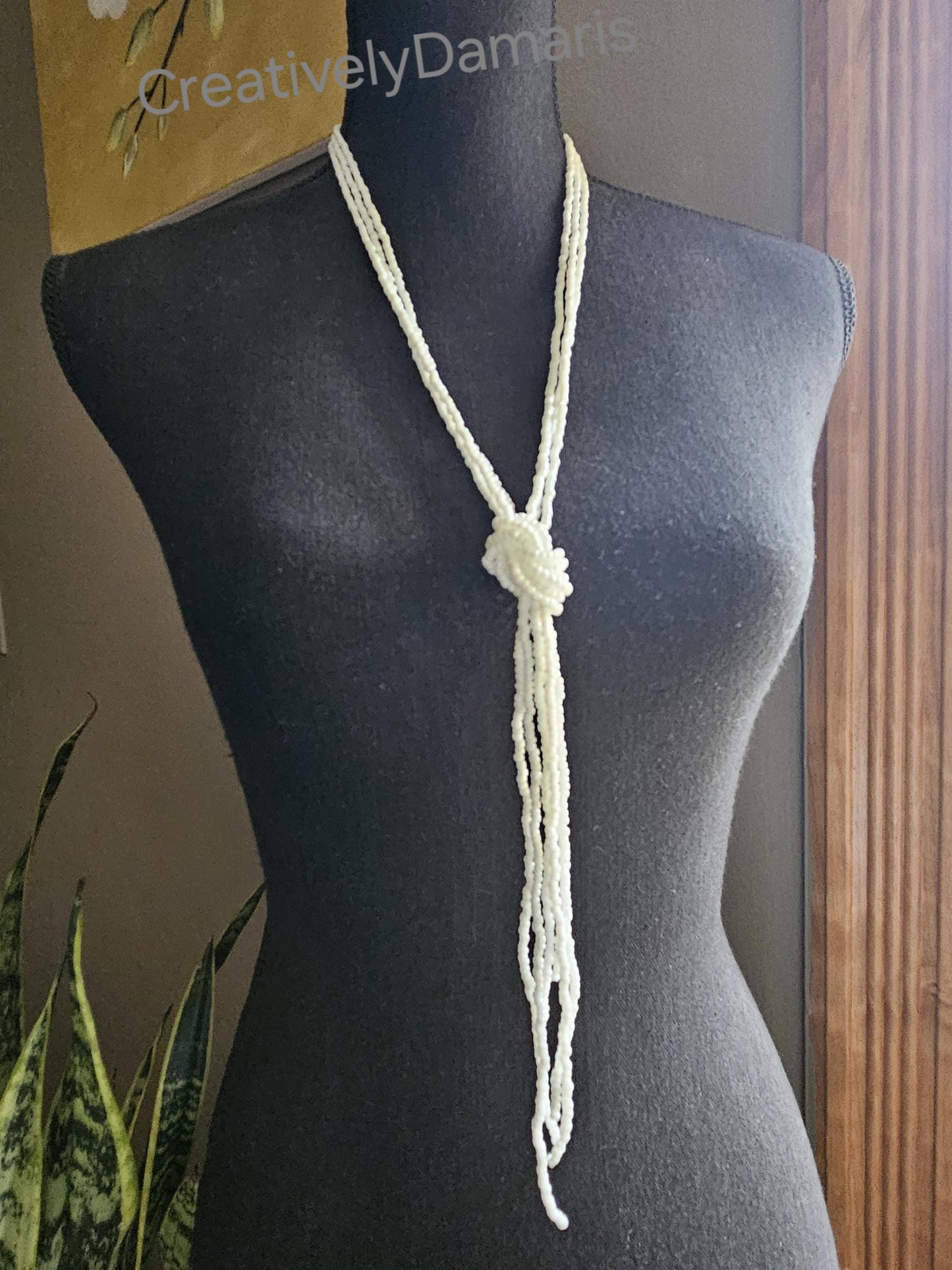 Opaque White Luster Seeds Beaded Knotted Multi Strand  Necklace