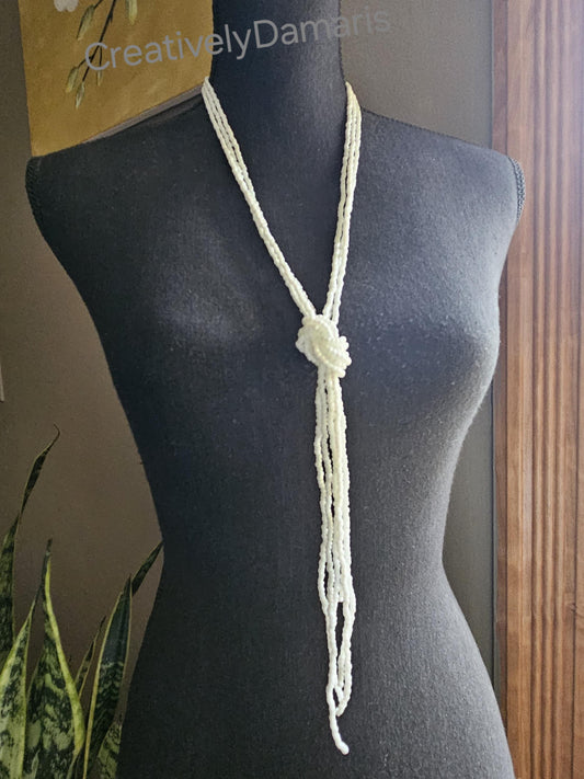 Opaque White Luster Seeds Beaded Knotted Multi Strand  Necklace