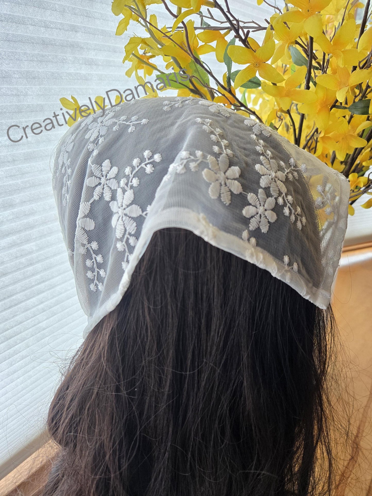Floral Embroidery Lace Head Kerchief in White