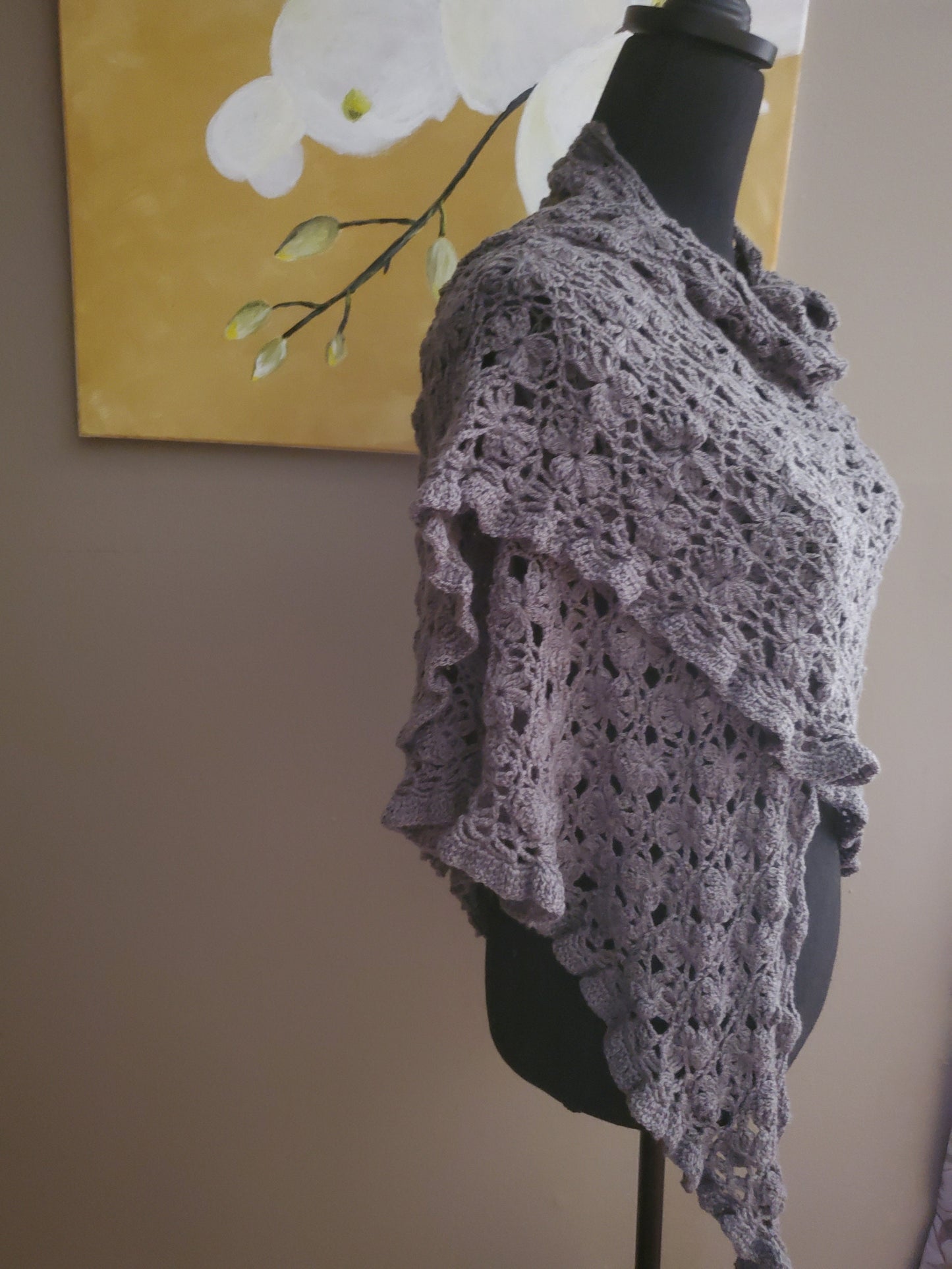 Jasmine Flower Triangular Crochet Shawl in Charcoal