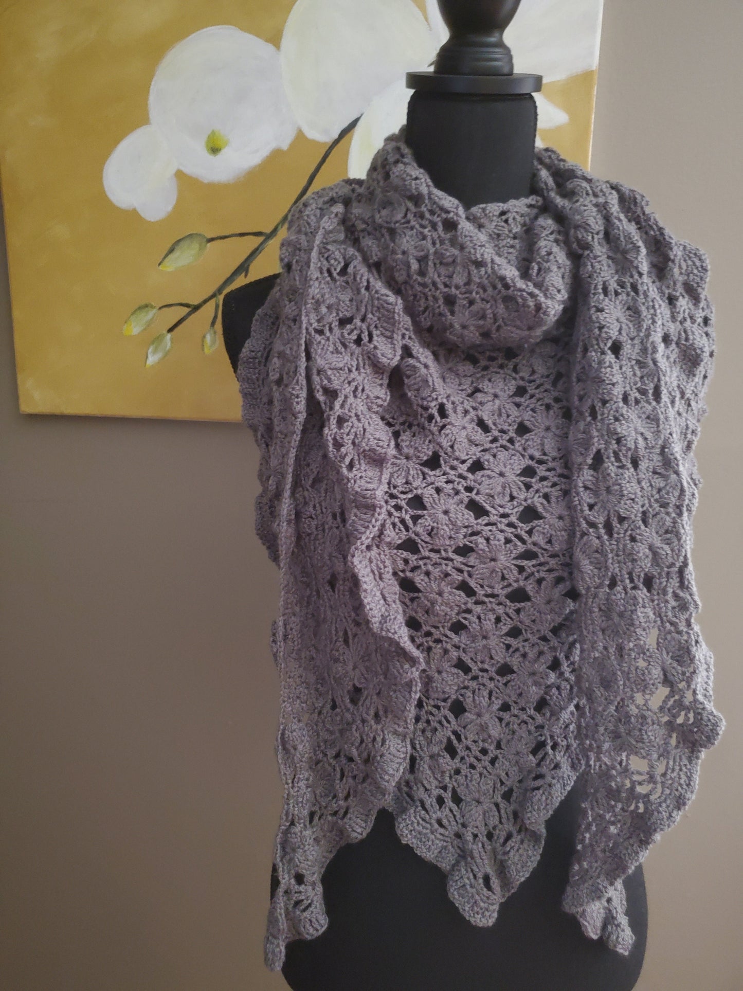 Jasmine Flower Triangular Crochet Shawl in Charcoal