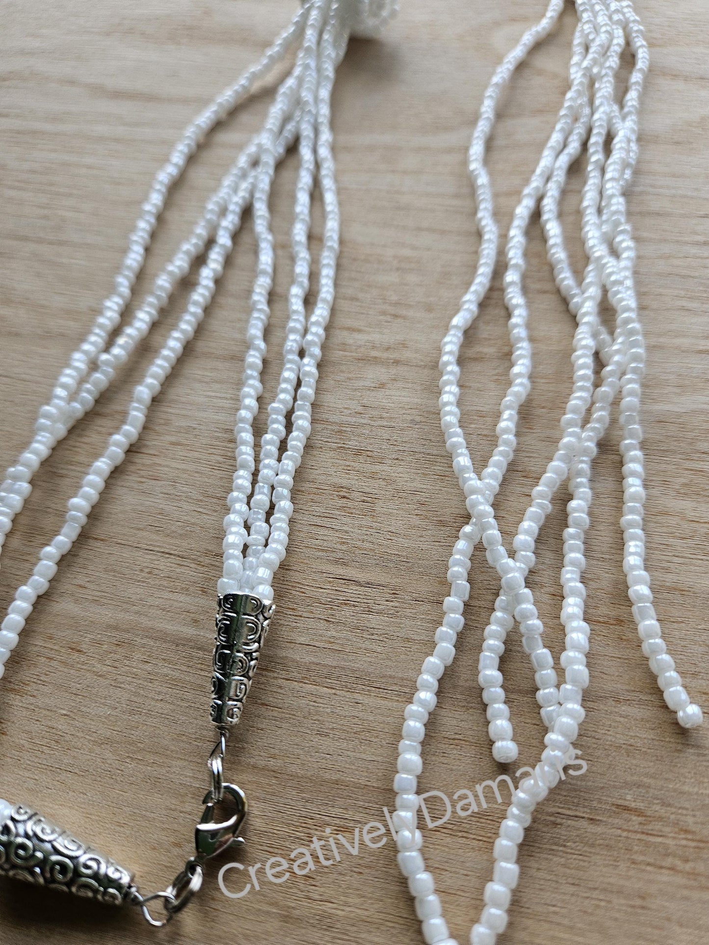 Opaque White Luster Seeds Beaded Knotted Multi Strand  Necklace