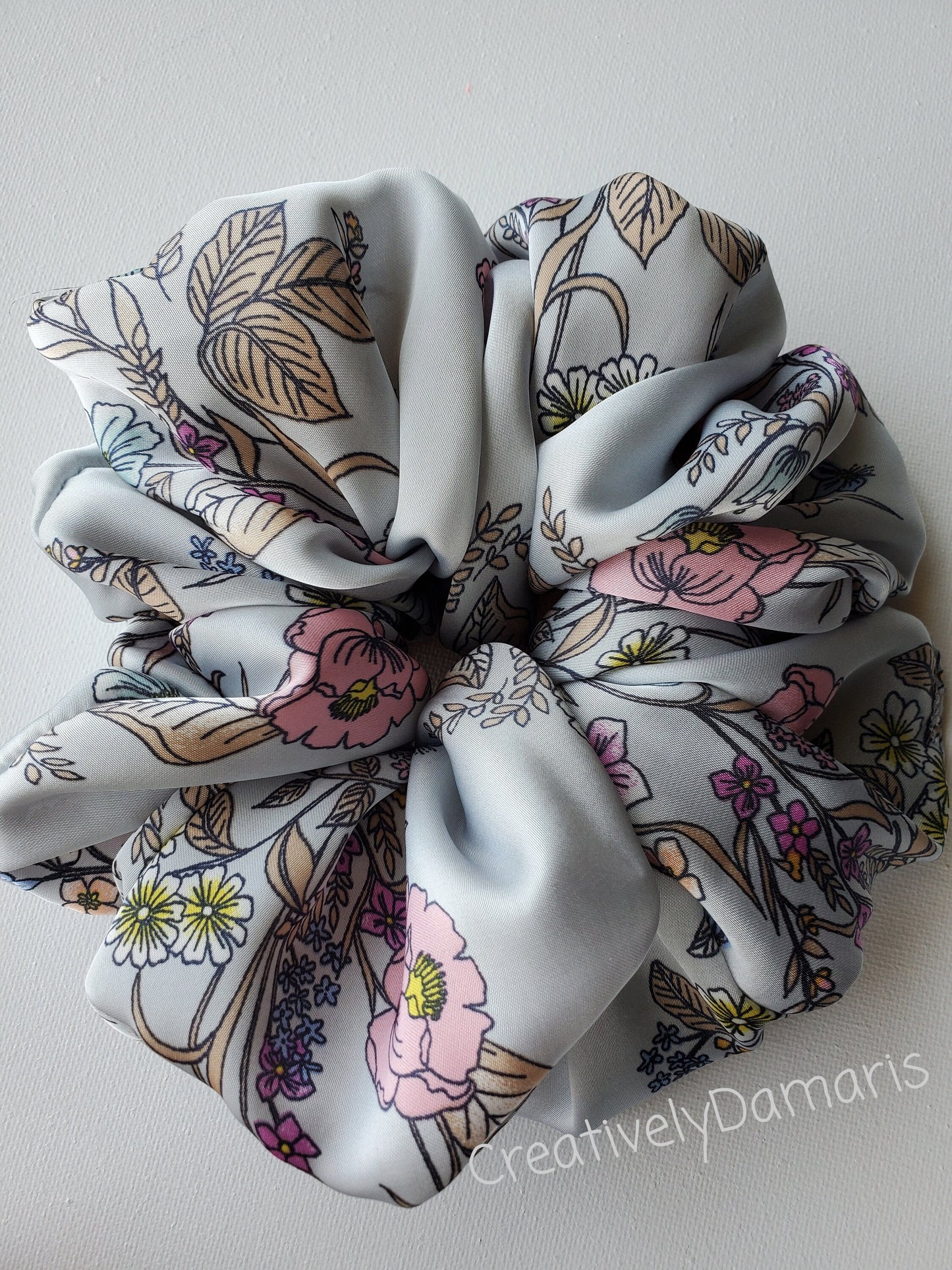 Pink Floral on Light Silver Scrunchie XL Scrunchie