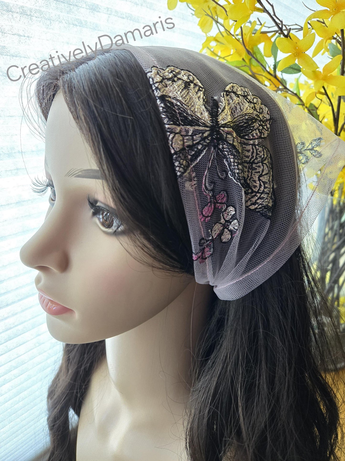 Pink Embroidery Lace Mesh Headband