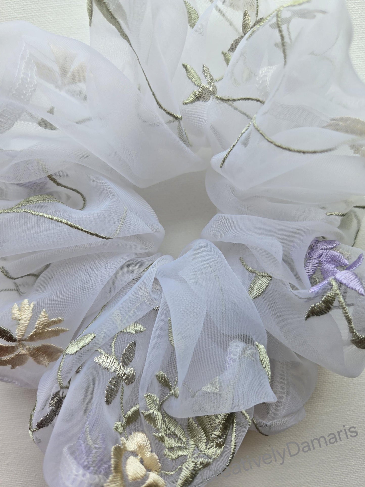 Embroidered Organza Scrunchie with Lilac Floral Print Scrunchie