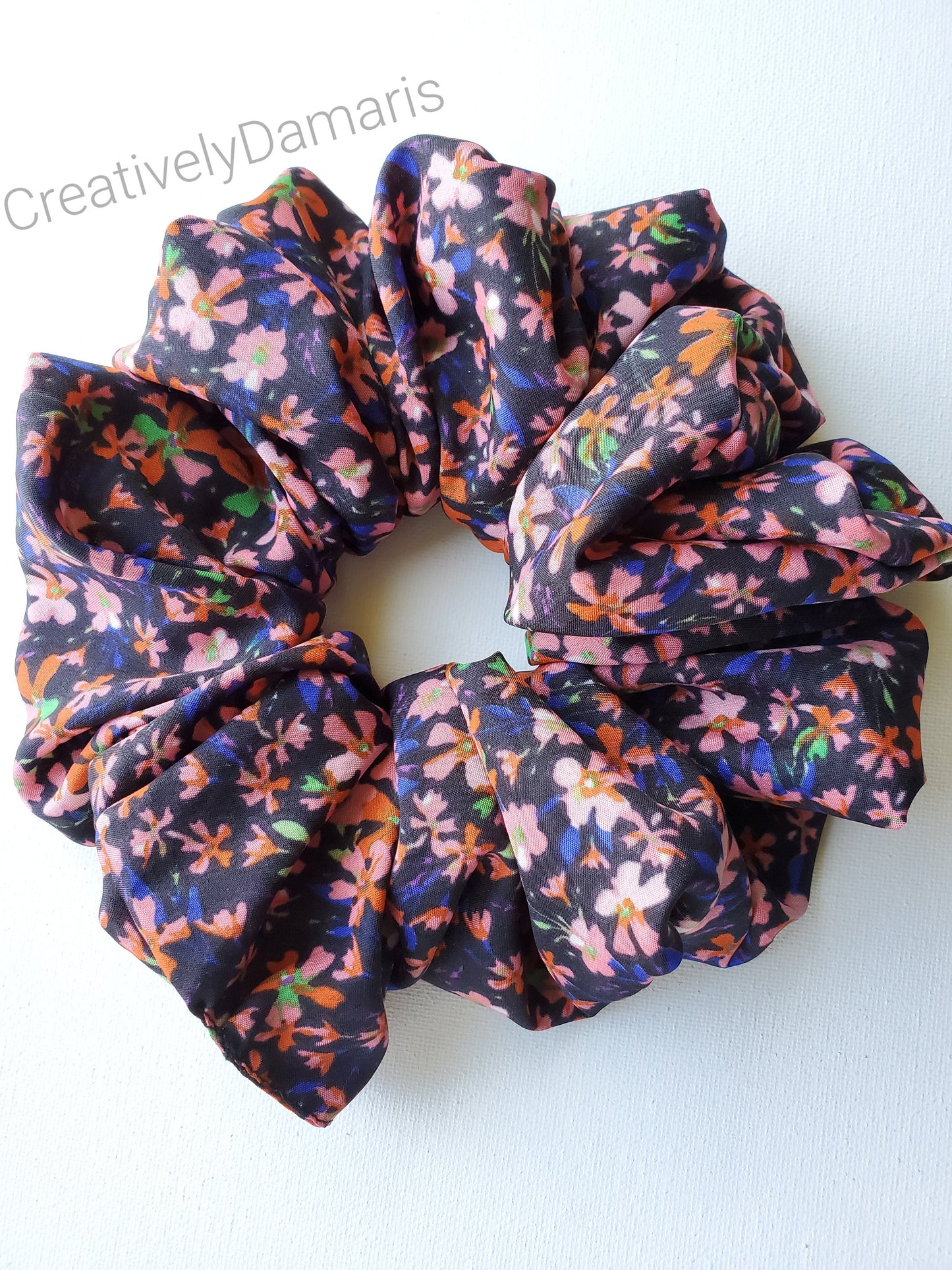 Black with Peach Floral XL Scrunchie in Peach Floral