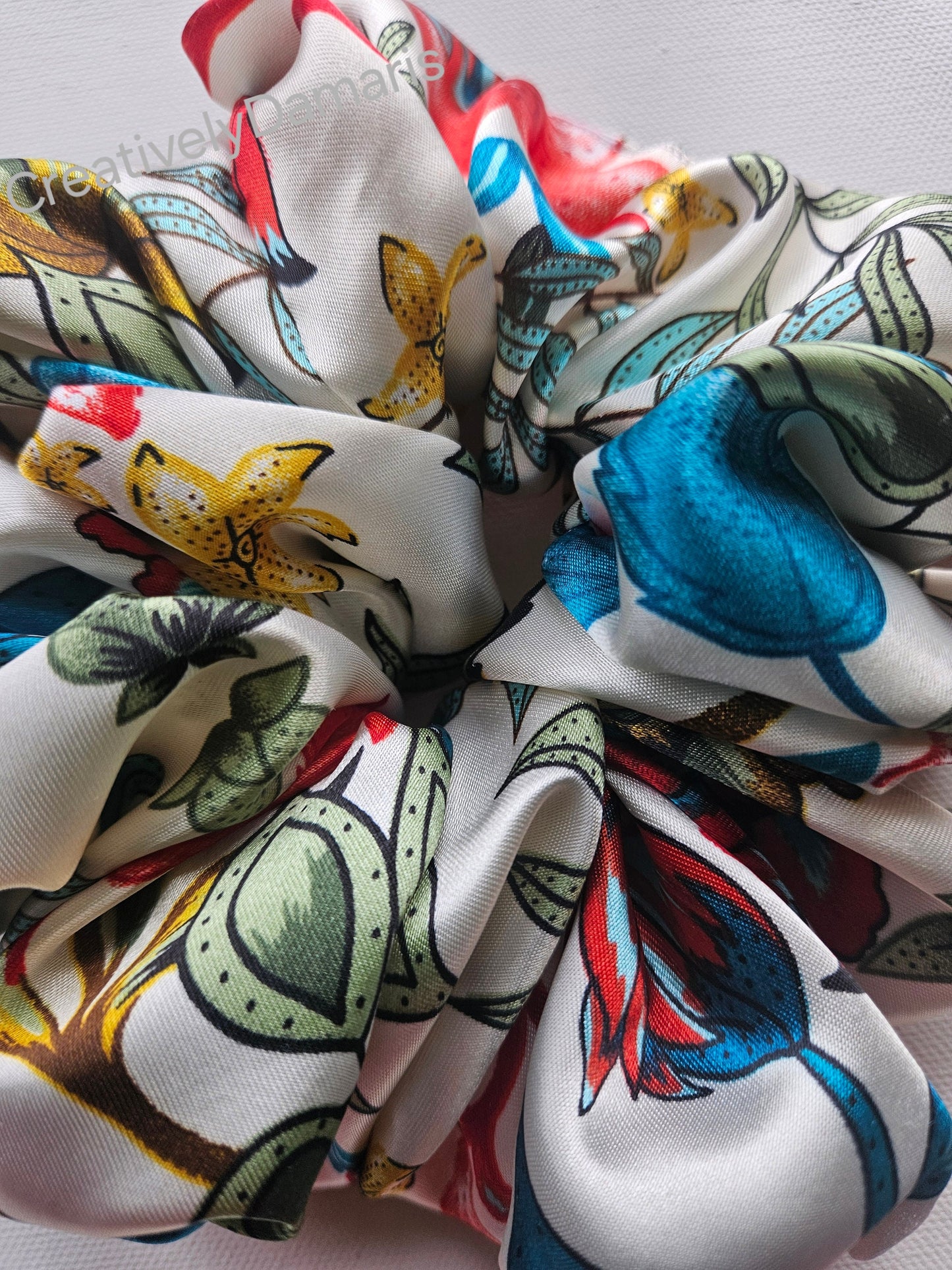 Silky White Charmeuse XL Scrunchie Floral Print