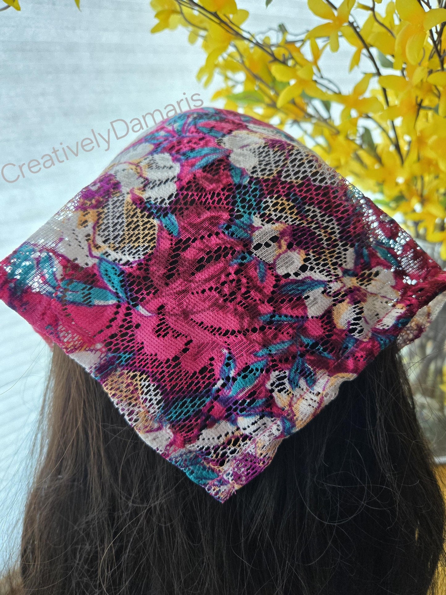 Floral Printed Lace Mesh Head Kerchief