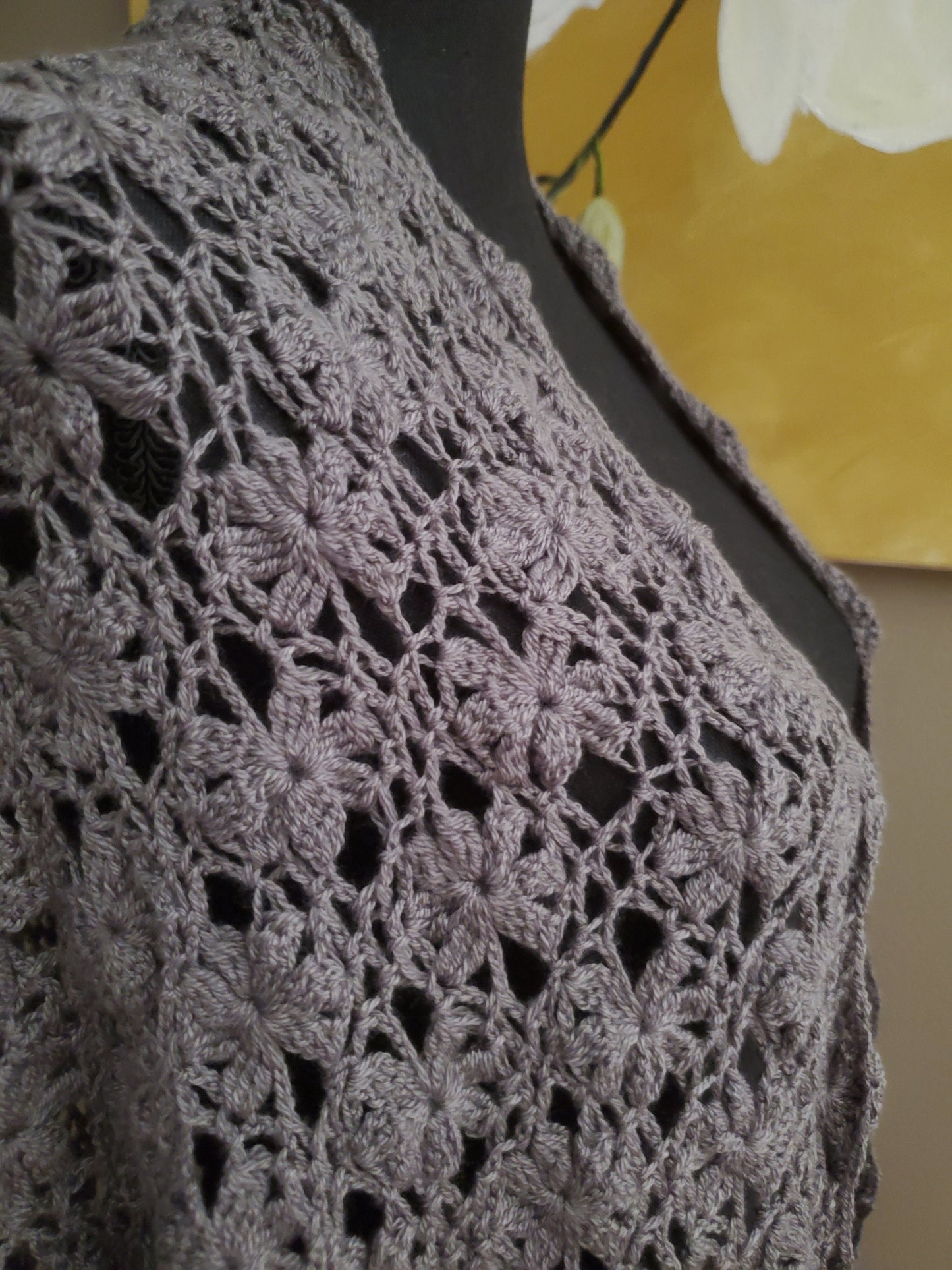 Jasmine Flower Triangular Crochet Shawl in Charcoal