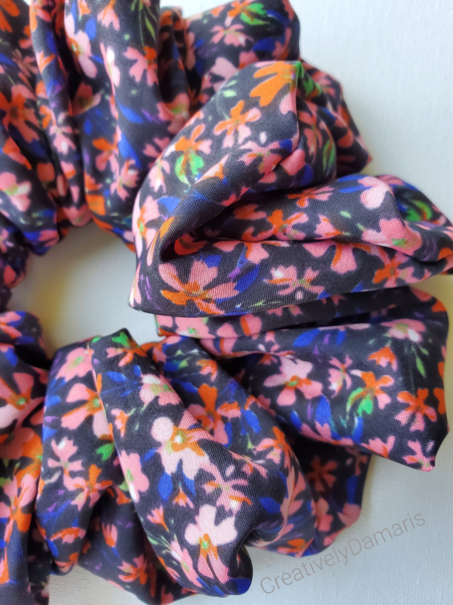 Black with Peach Floral XL Scrunchie in Peach Floral