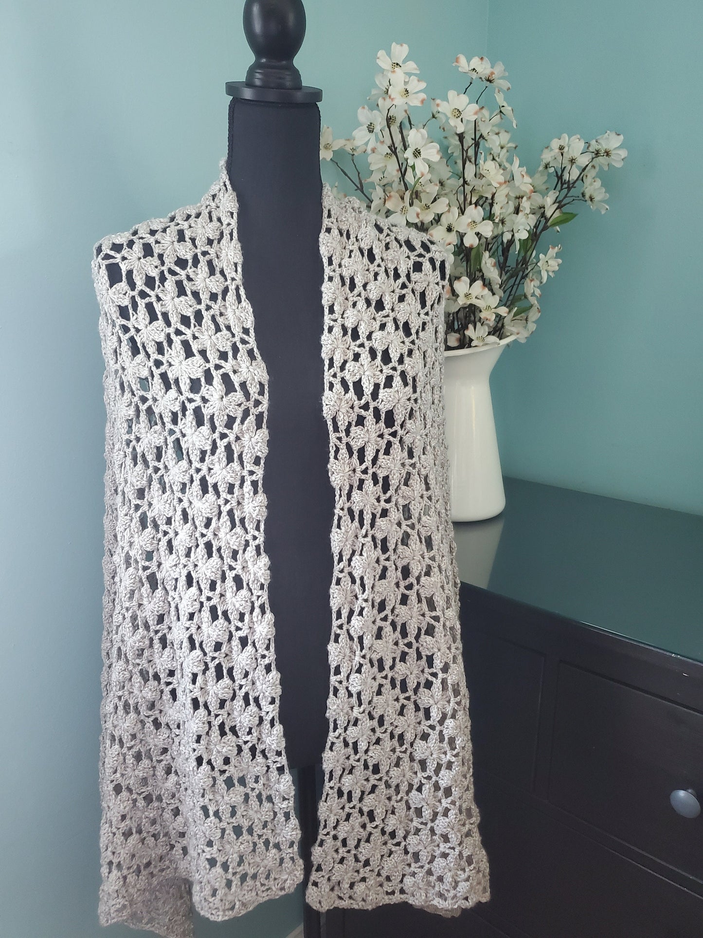 Crochet Floral Shawl in Linen Color