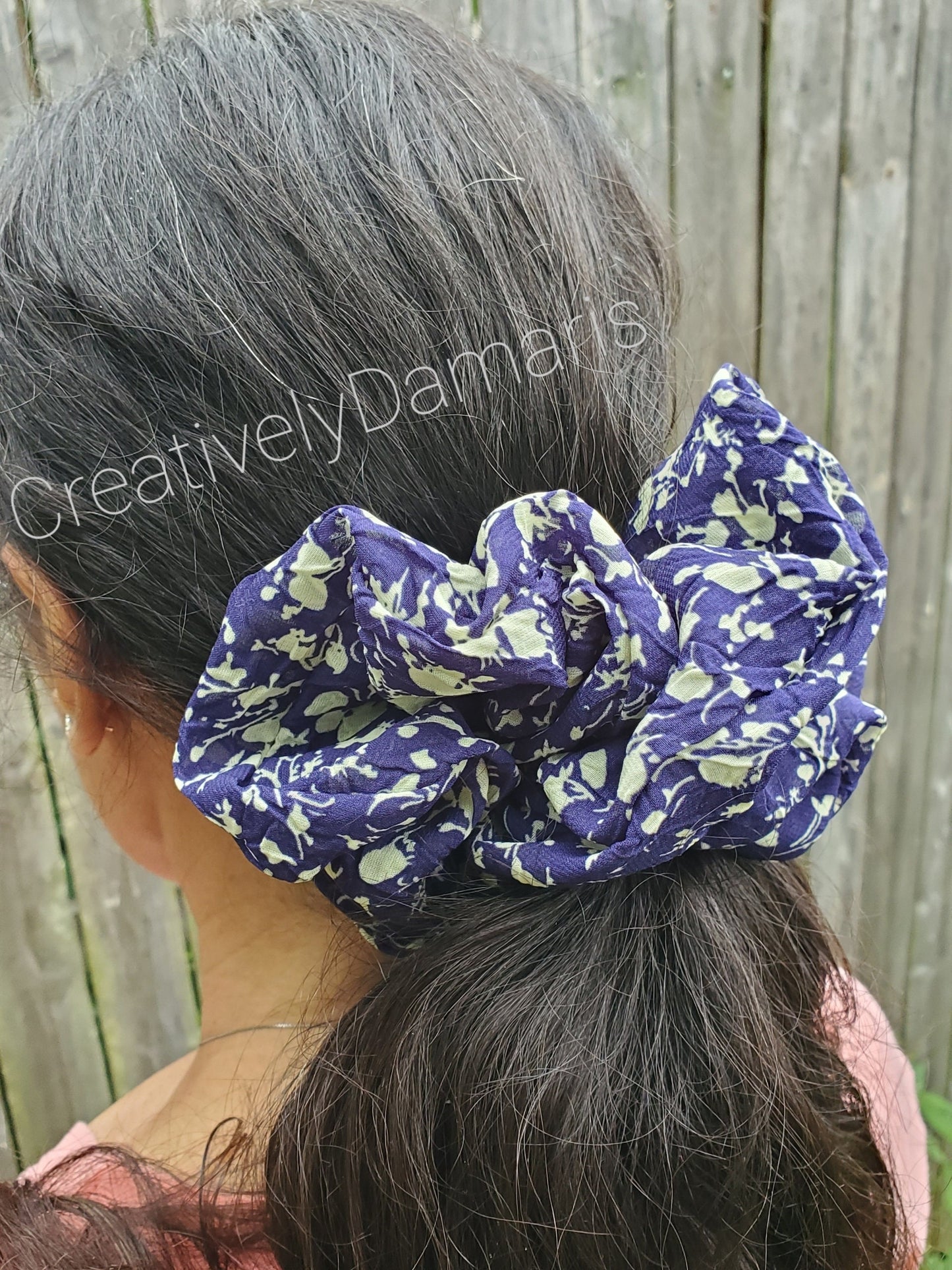 Navy Blue Floral Chiffon XL Scrunchie
